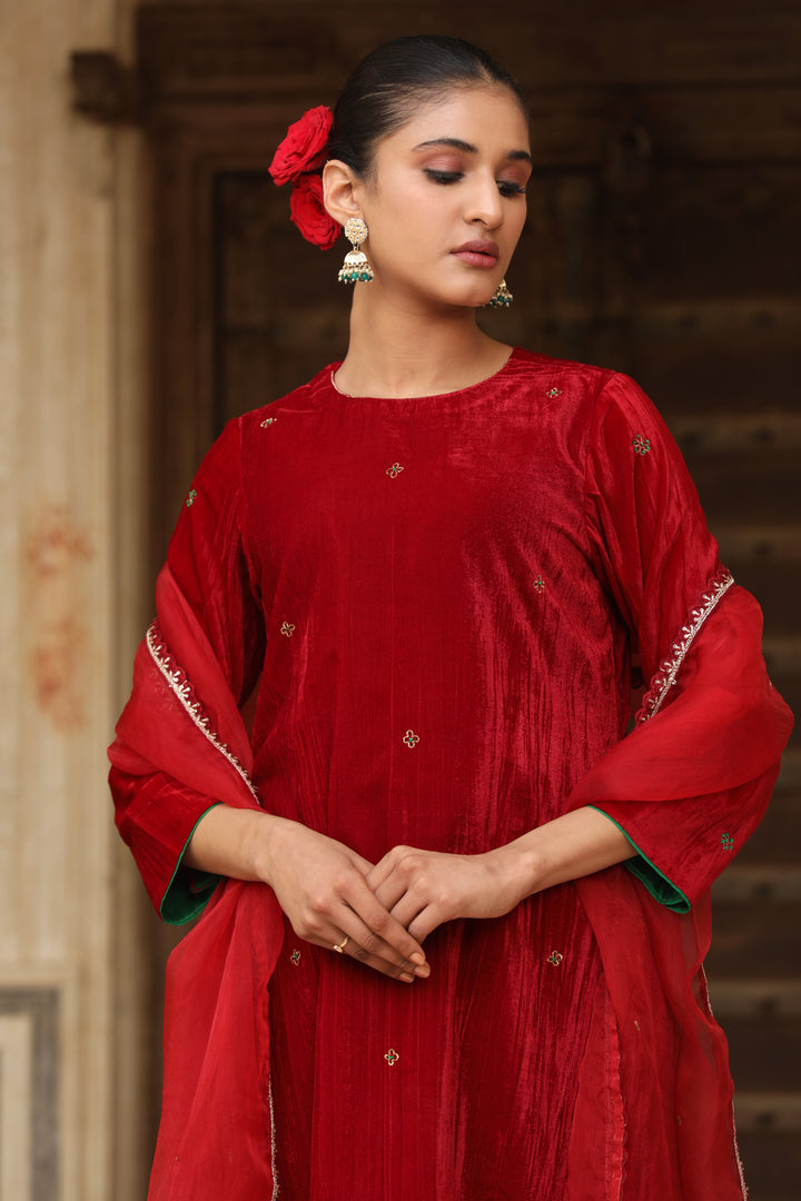Red Hand Embroidered Crushed Velvet Coord Set (Set of 2)