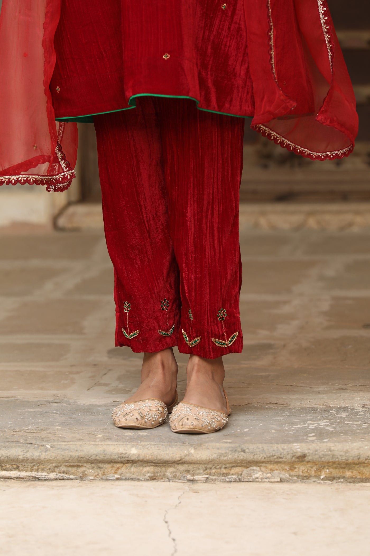 Red Hand Embroidered Crushed Velvet Coord Set (Set of 2)