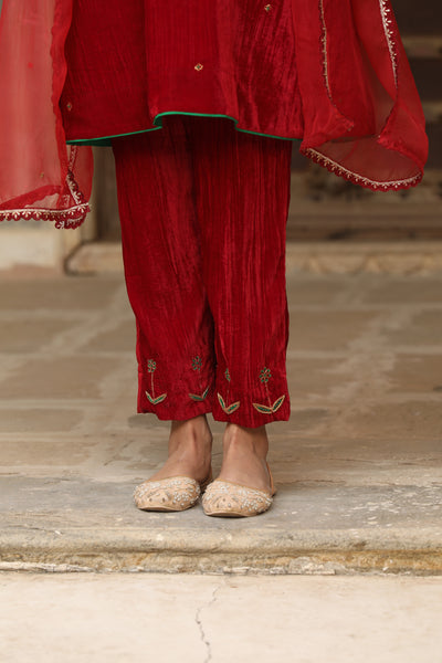 Red Hand Embroidered Crushed Velvet Coord Set (Set of 2)