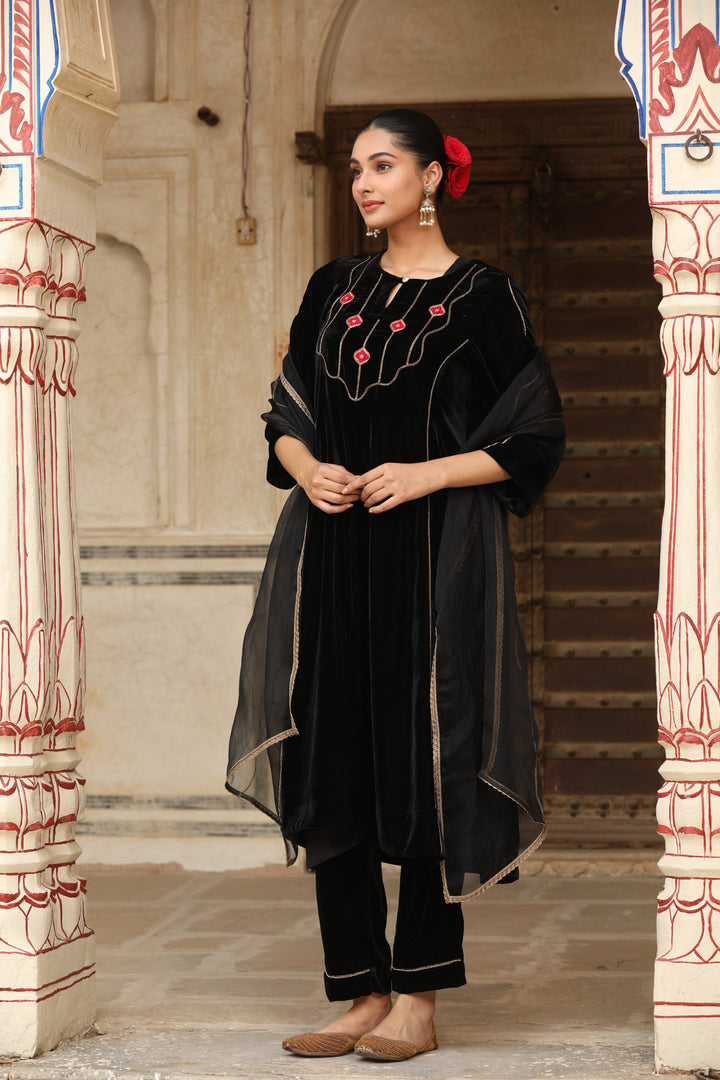 Black Velvet Brocade Patch A Line Kurta Set (Set of 2)