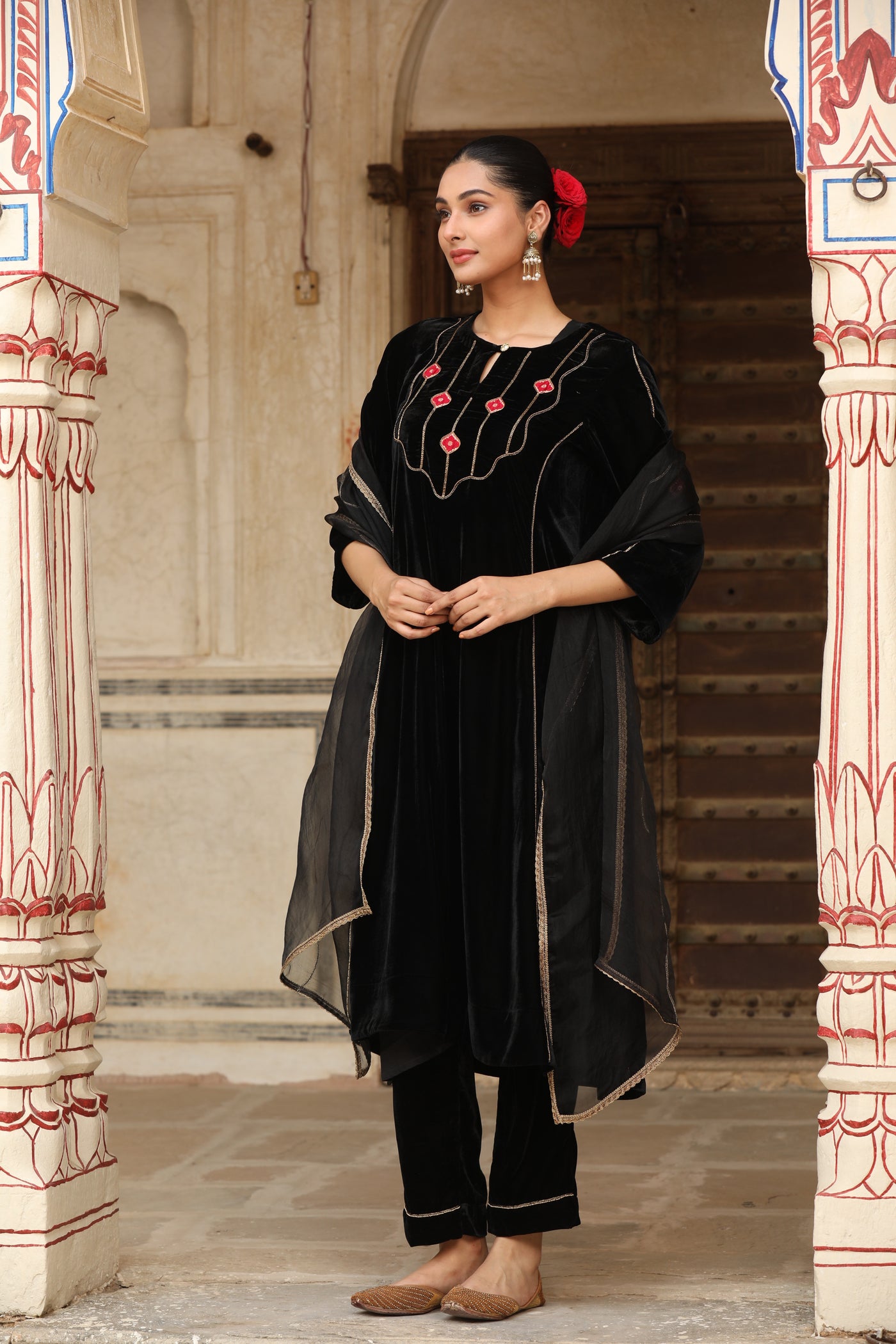 Black Velvet Brocade Patch A Line Kurta Set (Set of 2)