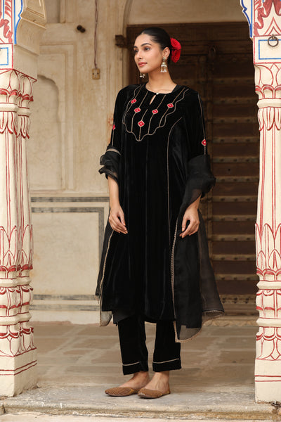 Black Velvet Brocade Patch A Line Kurta Set (Set of 2)