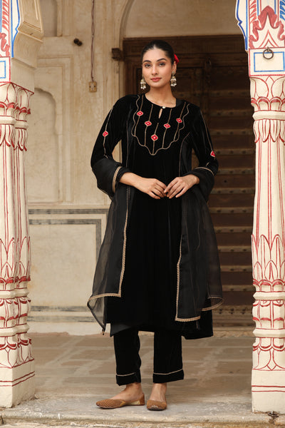 Black Velvet Brocade Patch A Line Kurta Set (Set of 2)