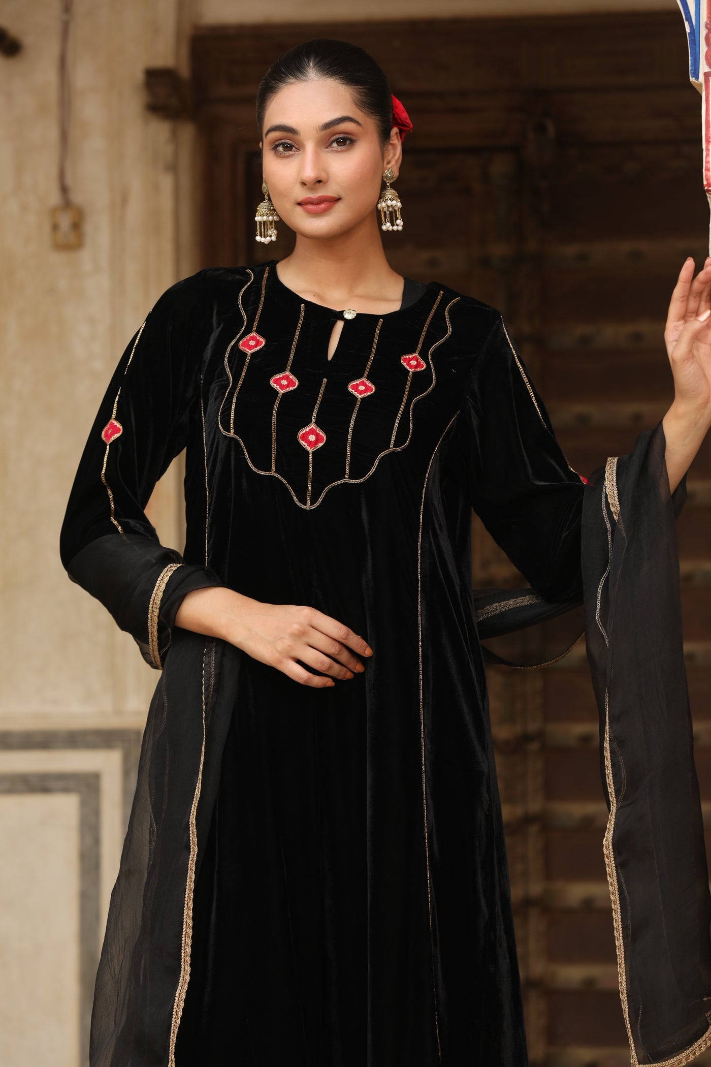 Black Velvet Brocade Patch A Line Kurta Set (Set of 2)