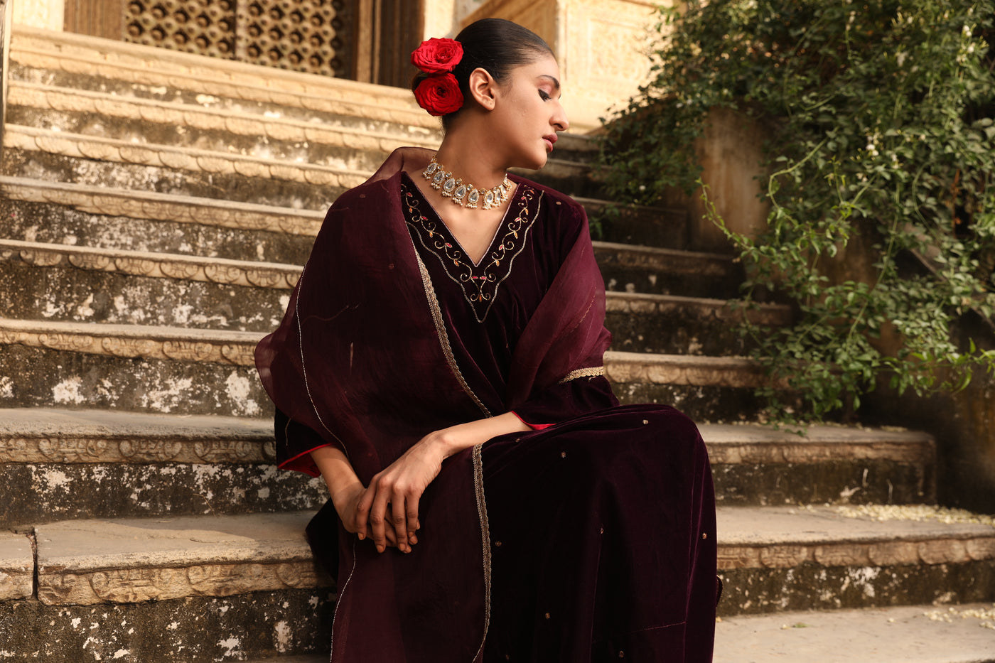 Burgundy Side Gathered Hand Embroidered Velvet Kurta Set (Set of 2)