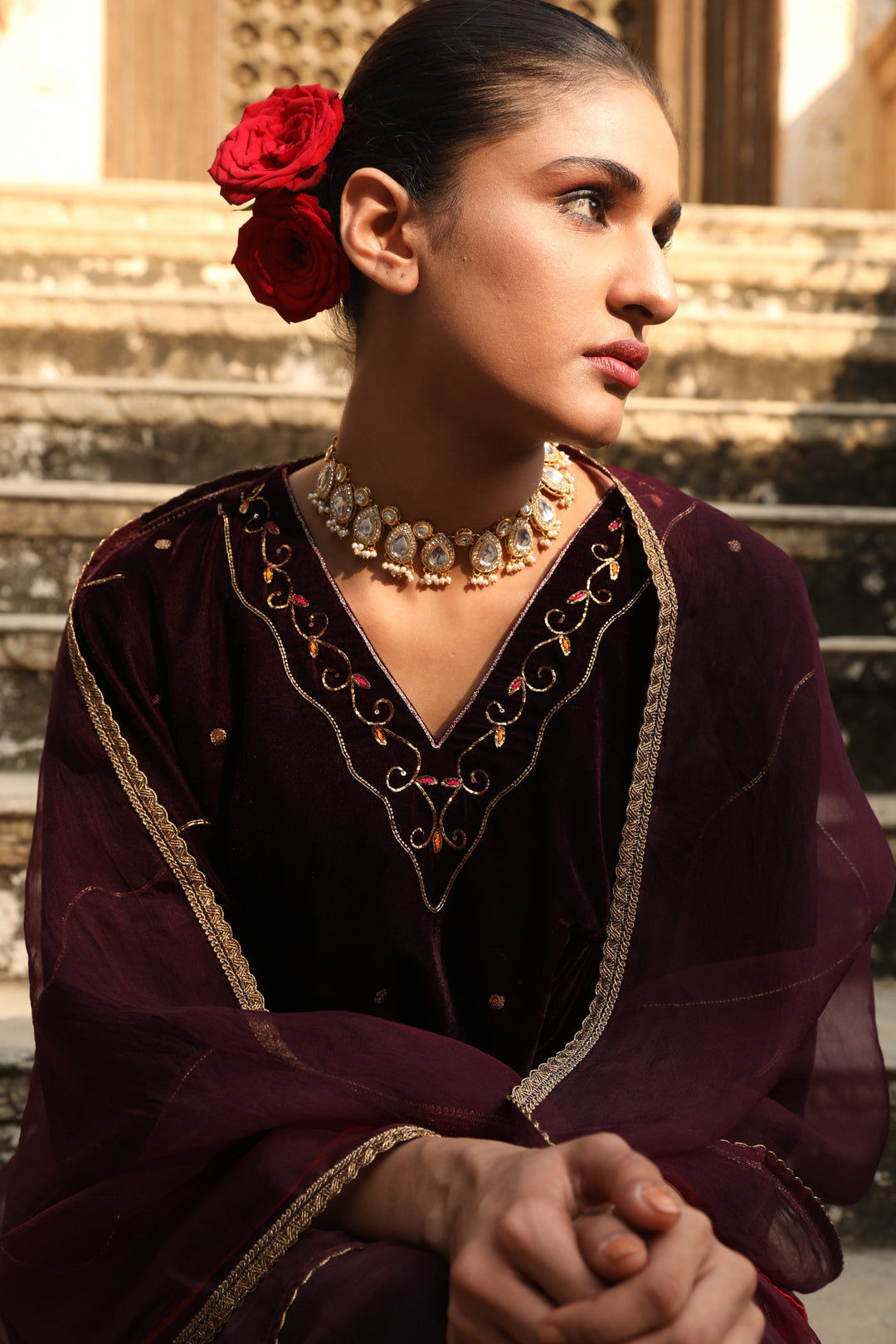 Burgundy Side Gathered Hand Embroidered Velvet Kurta Set (Set of 2)