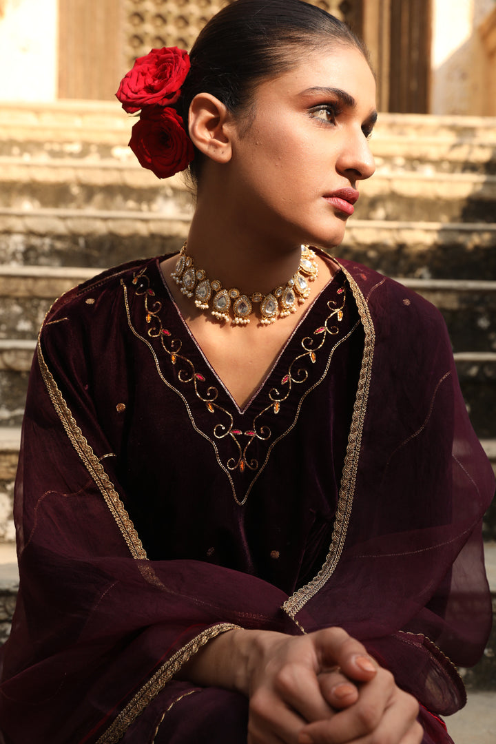 Burgundy Side Gathered Hand Embroidered Velvet Kurta Set (Set of 2)