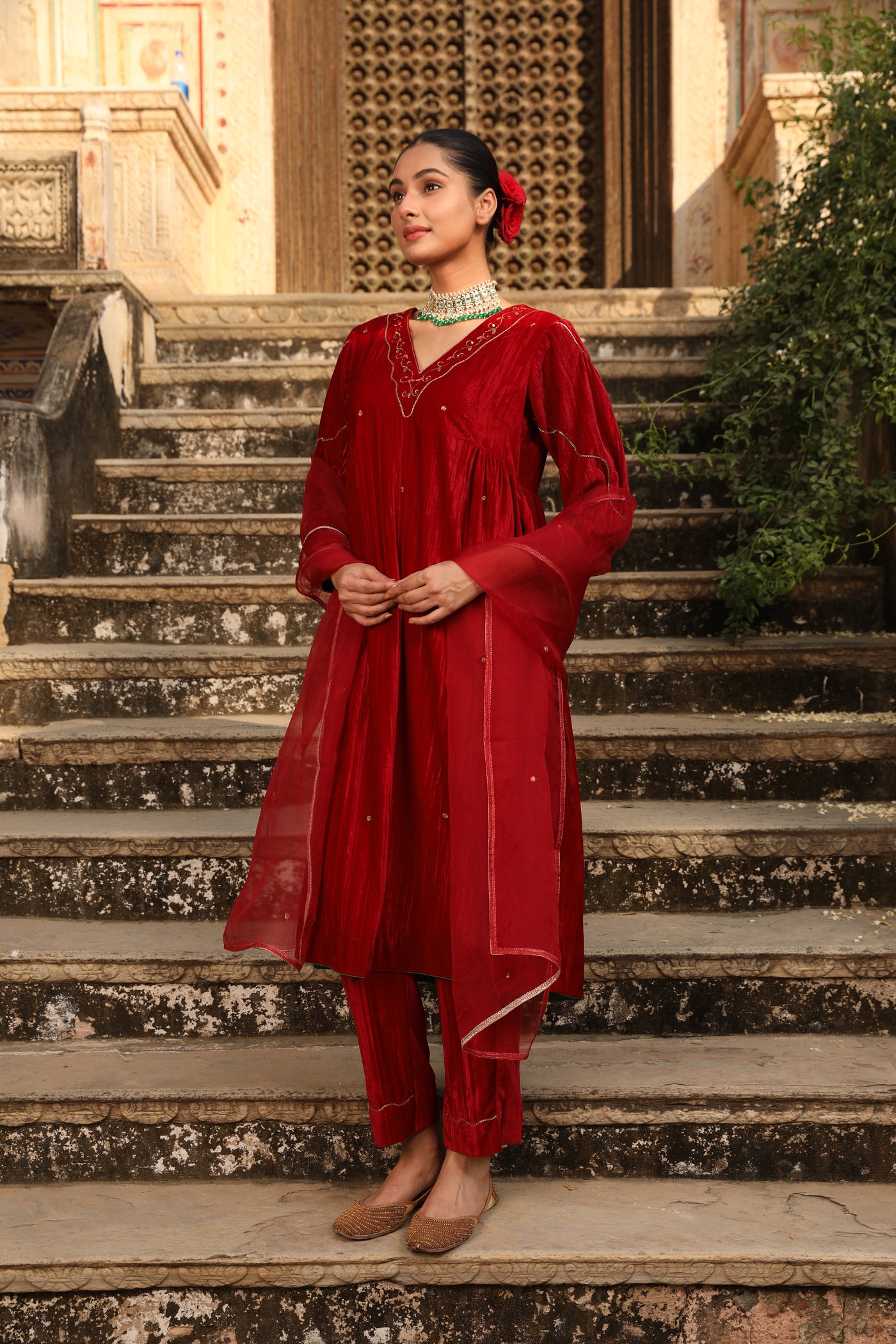 Maroon Side Gathered Hand Embroidered Velvet Kurta Set (Set of 2)