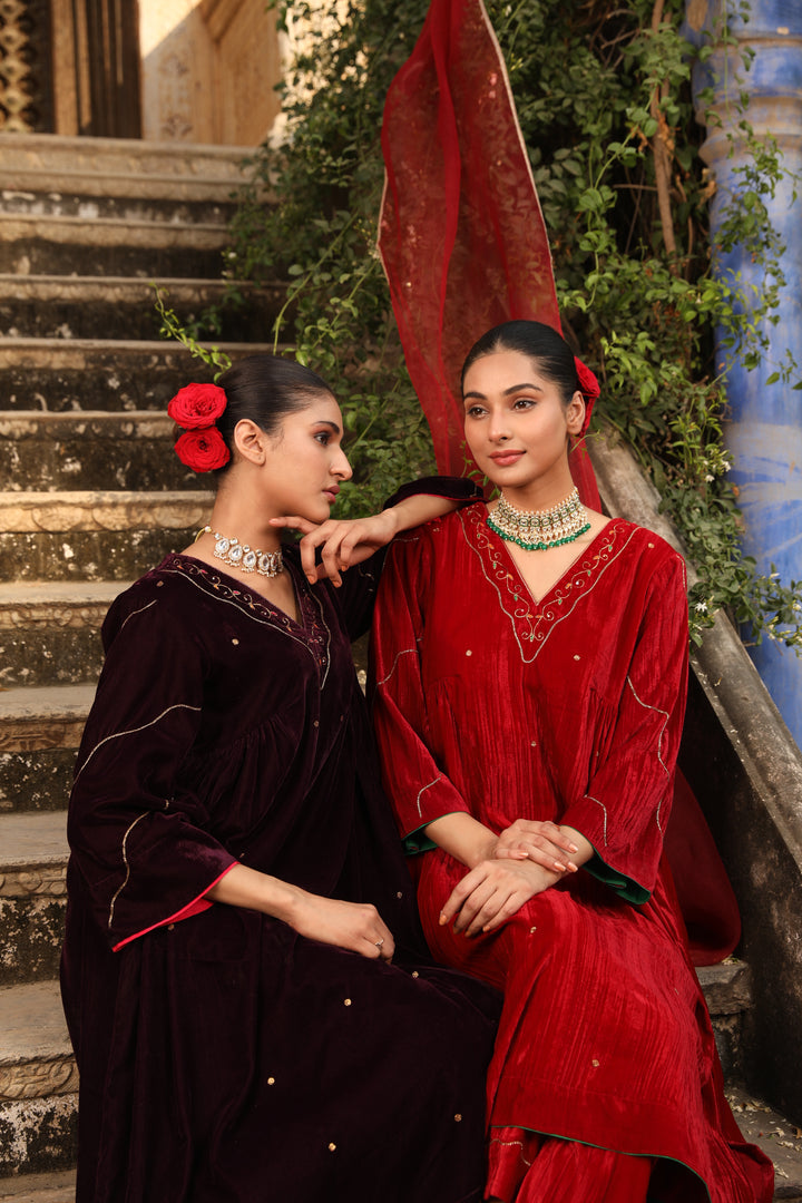 Burgundy Side Gathered Hand Embroidered Velvet Kurta Set (Set of 2)