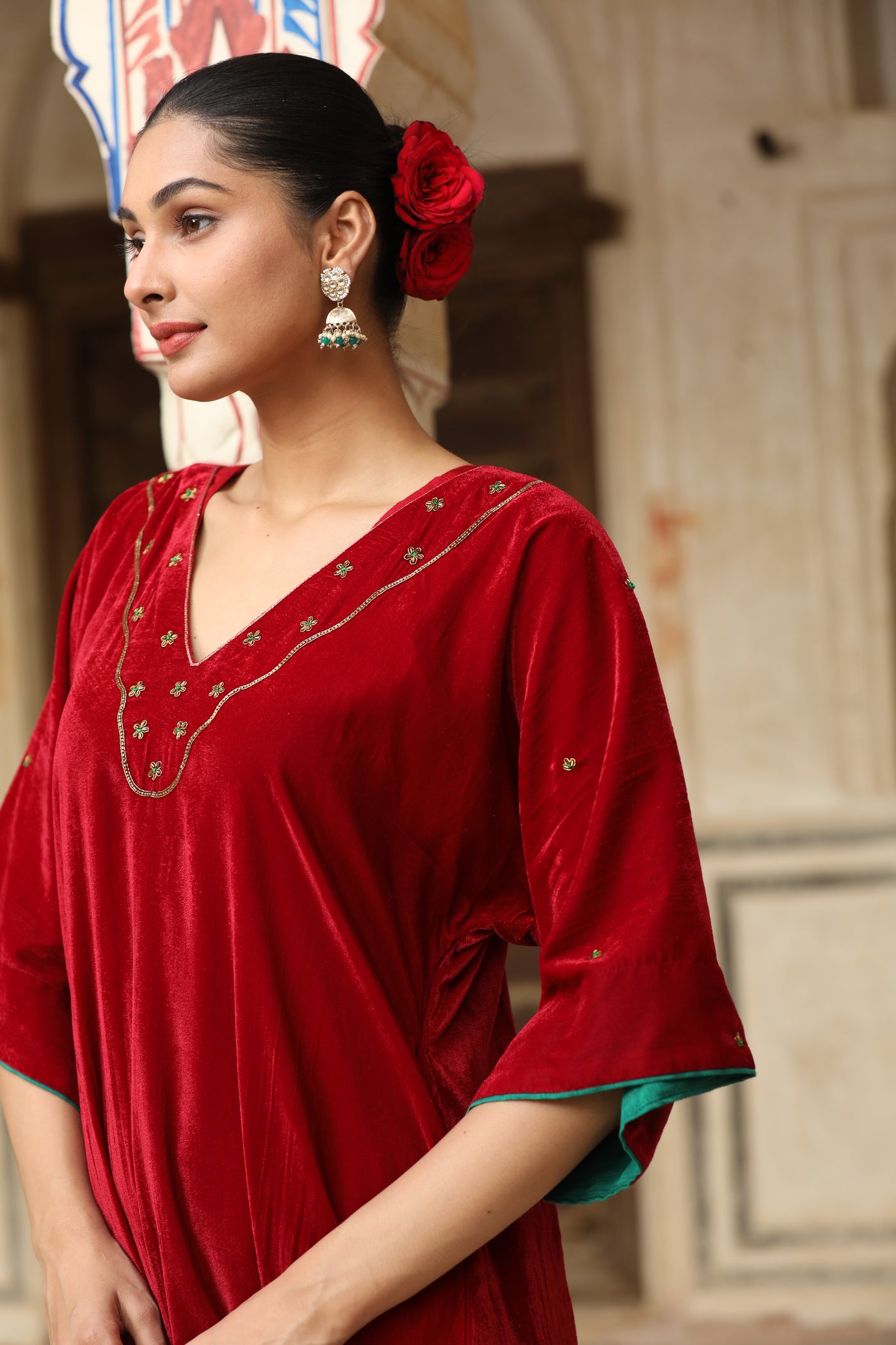 Red Velvet Kaftan sleeve Hand Embroidered Kurta Set (Set of 2)