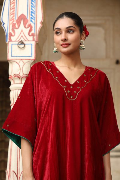 Red Velvet Kaftan sleeve Hand Embroidered Kurta Set (Set of 2)