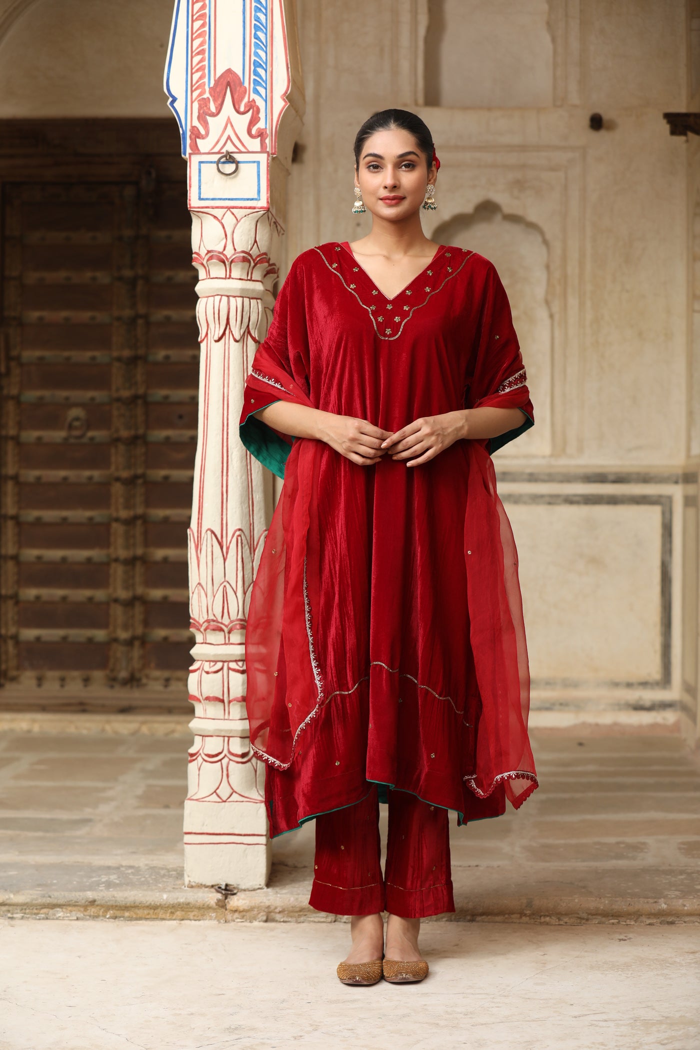 Red Velvet Kaftan sleeve Hand Embroidered Kurta Set (Set of 2)