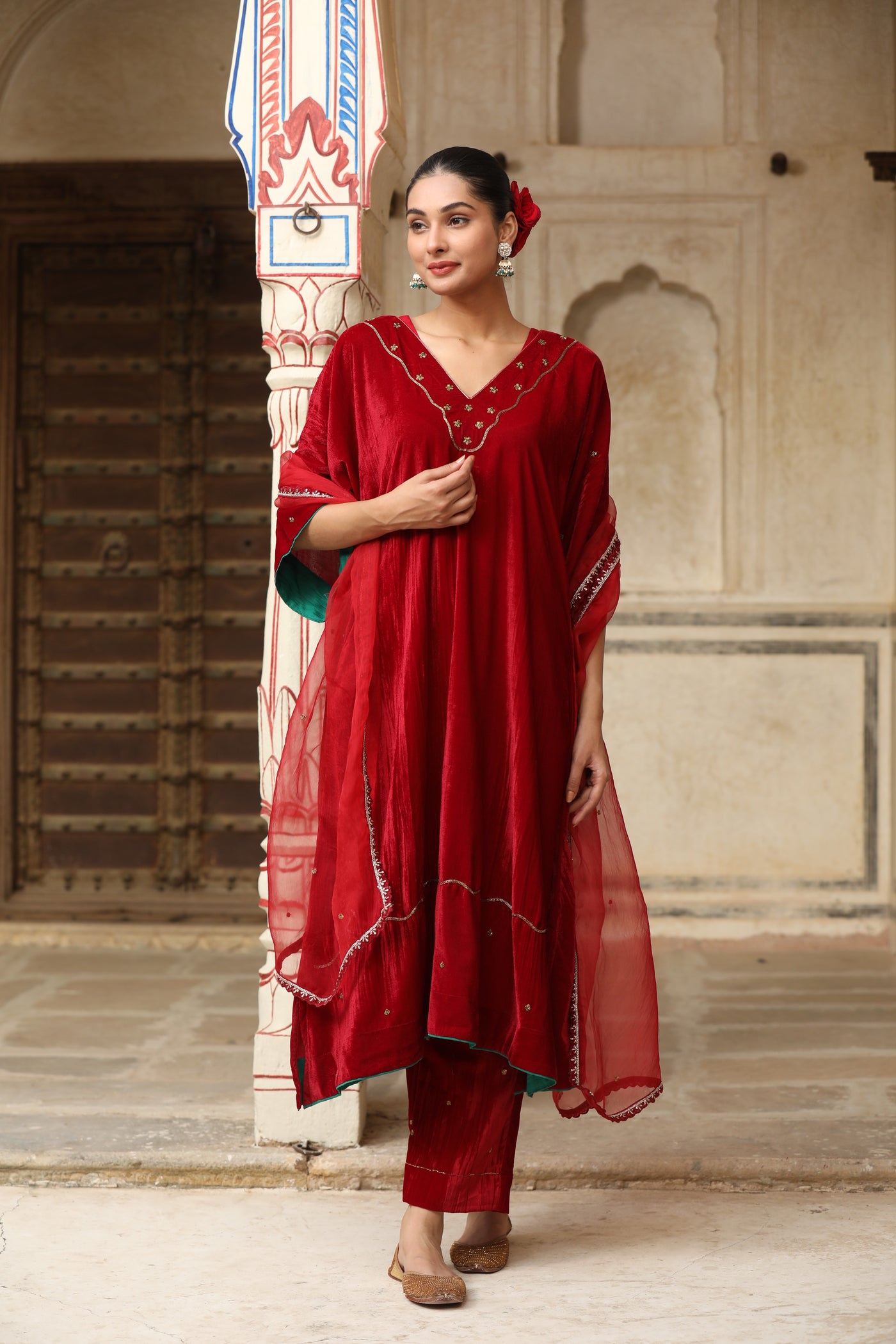 Red Velvet Kaftan sleeve Hand Embroidered Kurta Set (Set of 2)