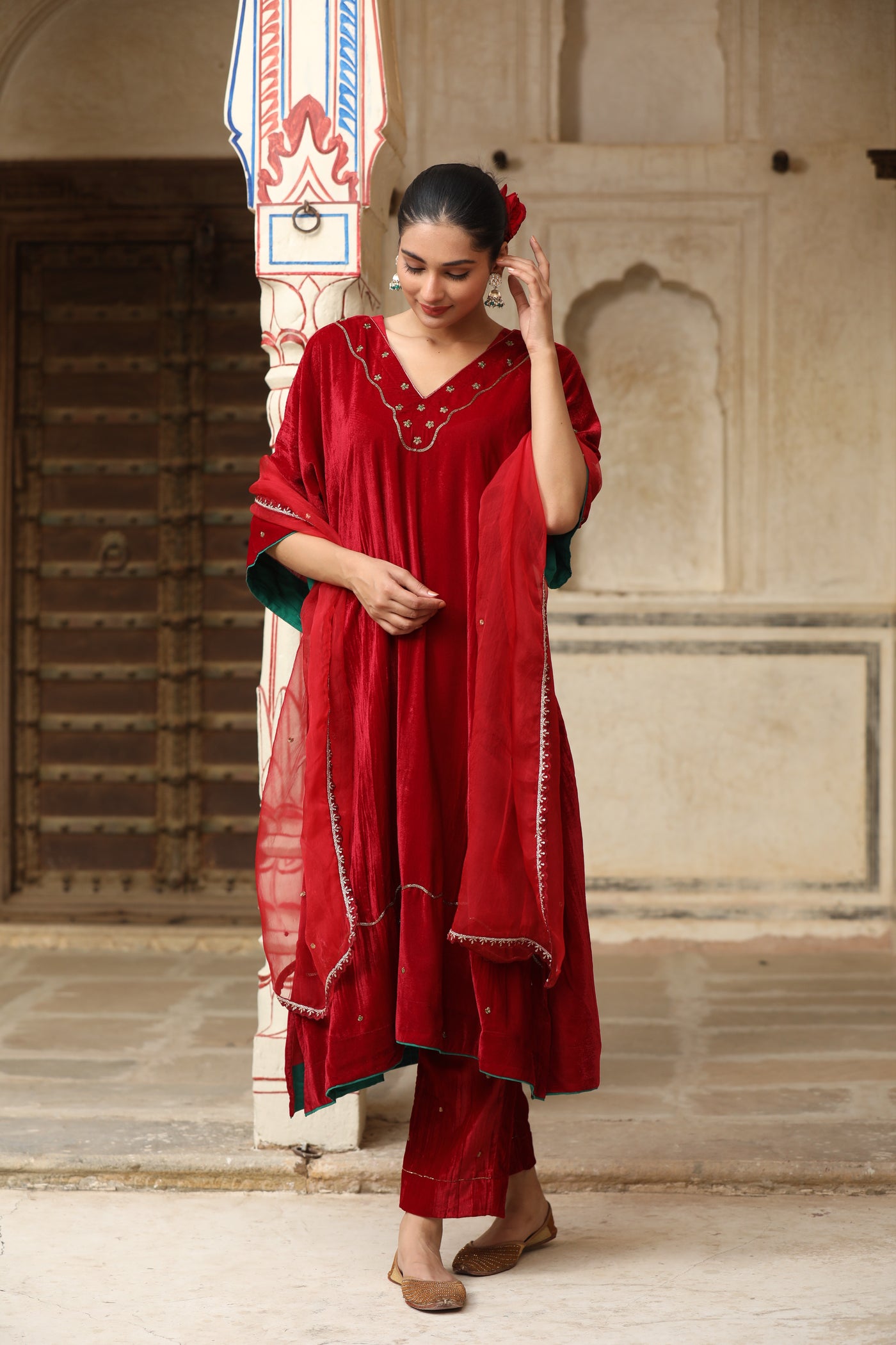 Red Velvet Kaftan sleeve Hand Embroidered Kurta Set (Set of 2)