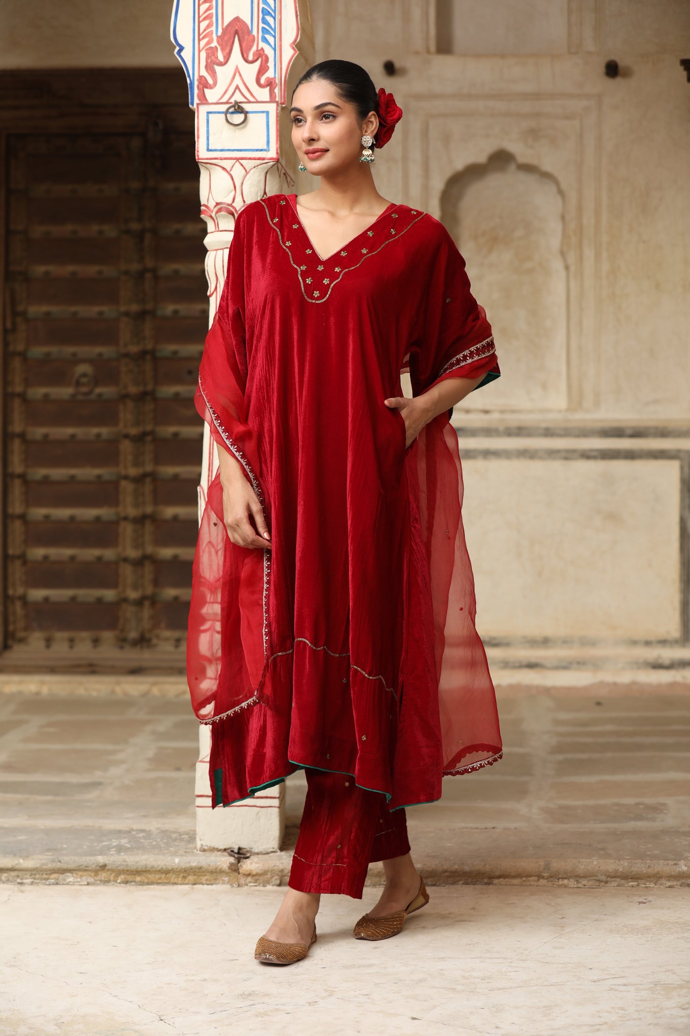 Red Velvet Kaftan sleeve Hand Embroidered Kurta Set (Set of 2)