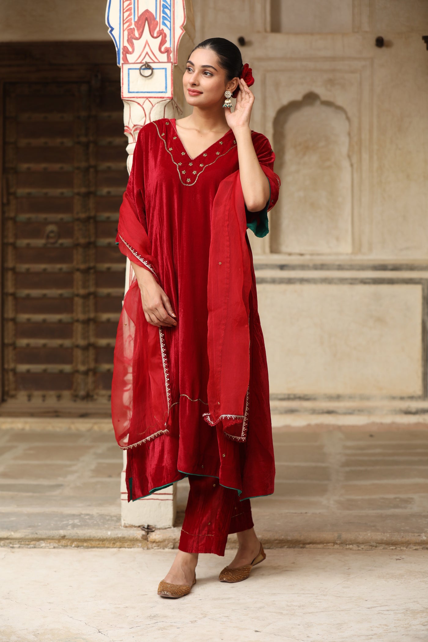 Red Velvet Kaftan sleeve Hand Embroidered Kurta Set (Set of 2)