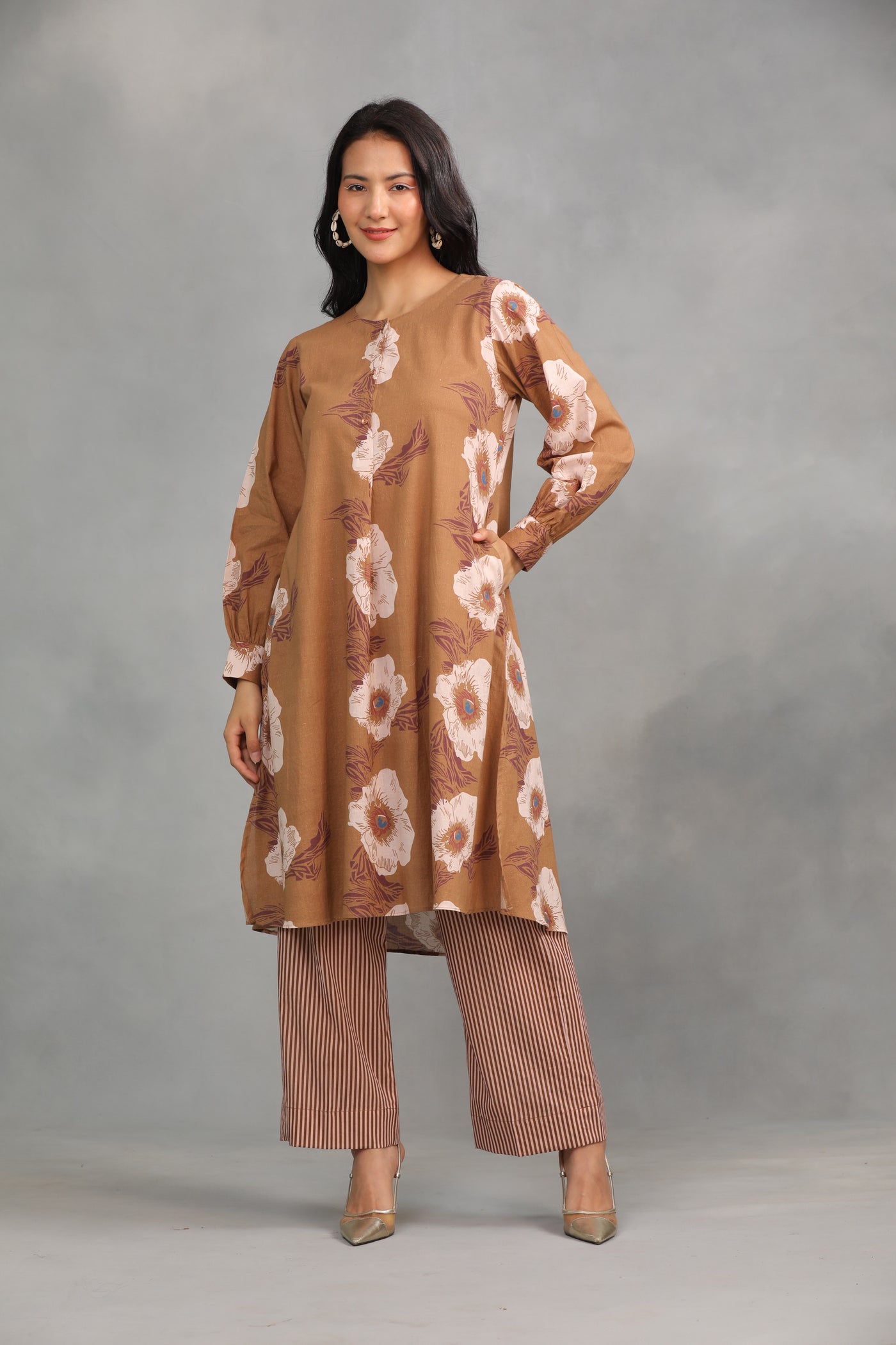 Brown Printed Cotton Kurta with Pants - Set of 2