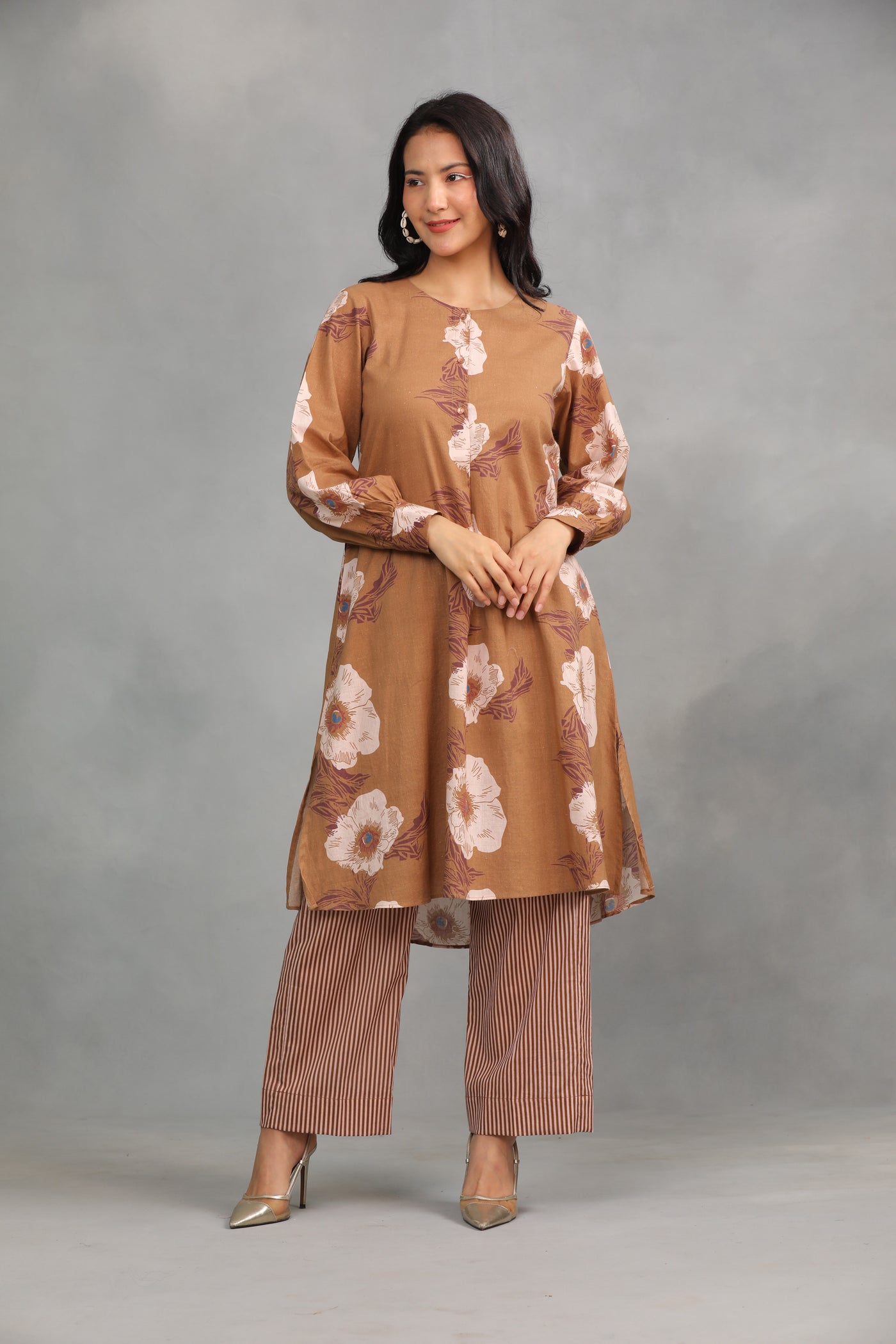 Brown Printed Cotton Kurta with Pants - Set of 2