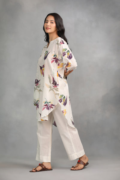 Off White Printed Cotton Kurta with Pants - Set of 2