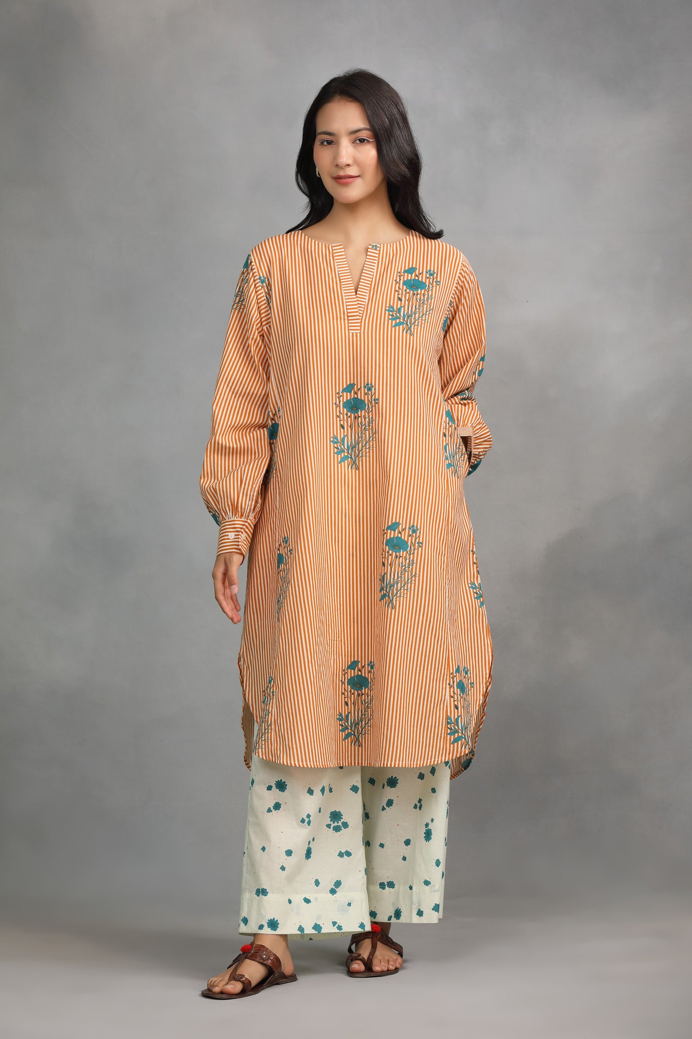 Orange Printed Cotton Kurta with Palazzo - Set of 2