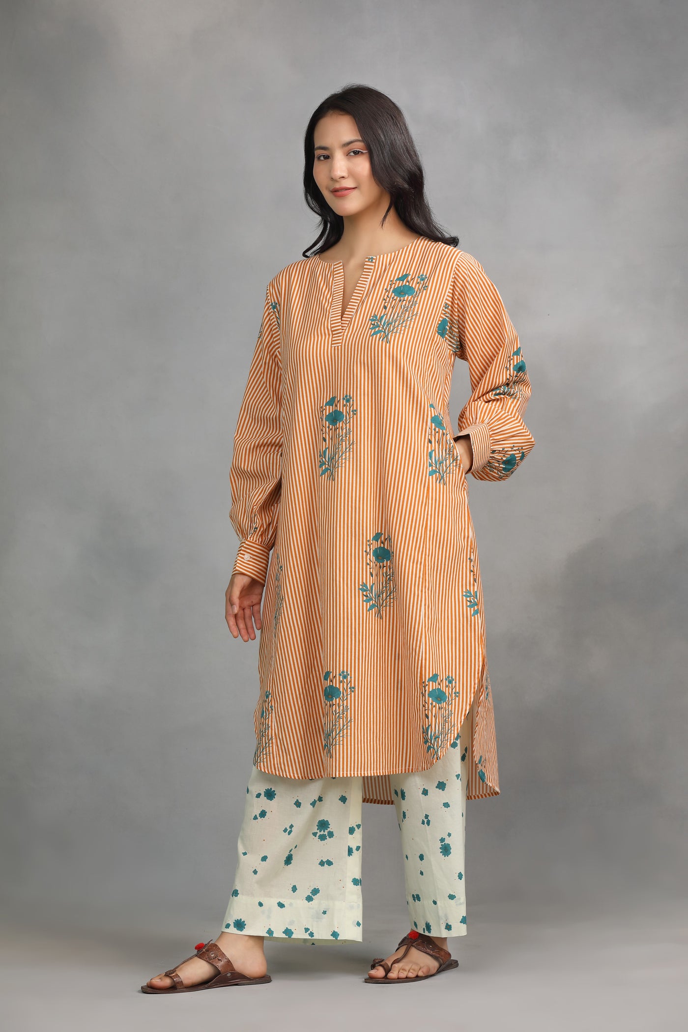 Orange Printed Cotton Kurta with Palazzo - Set of 2