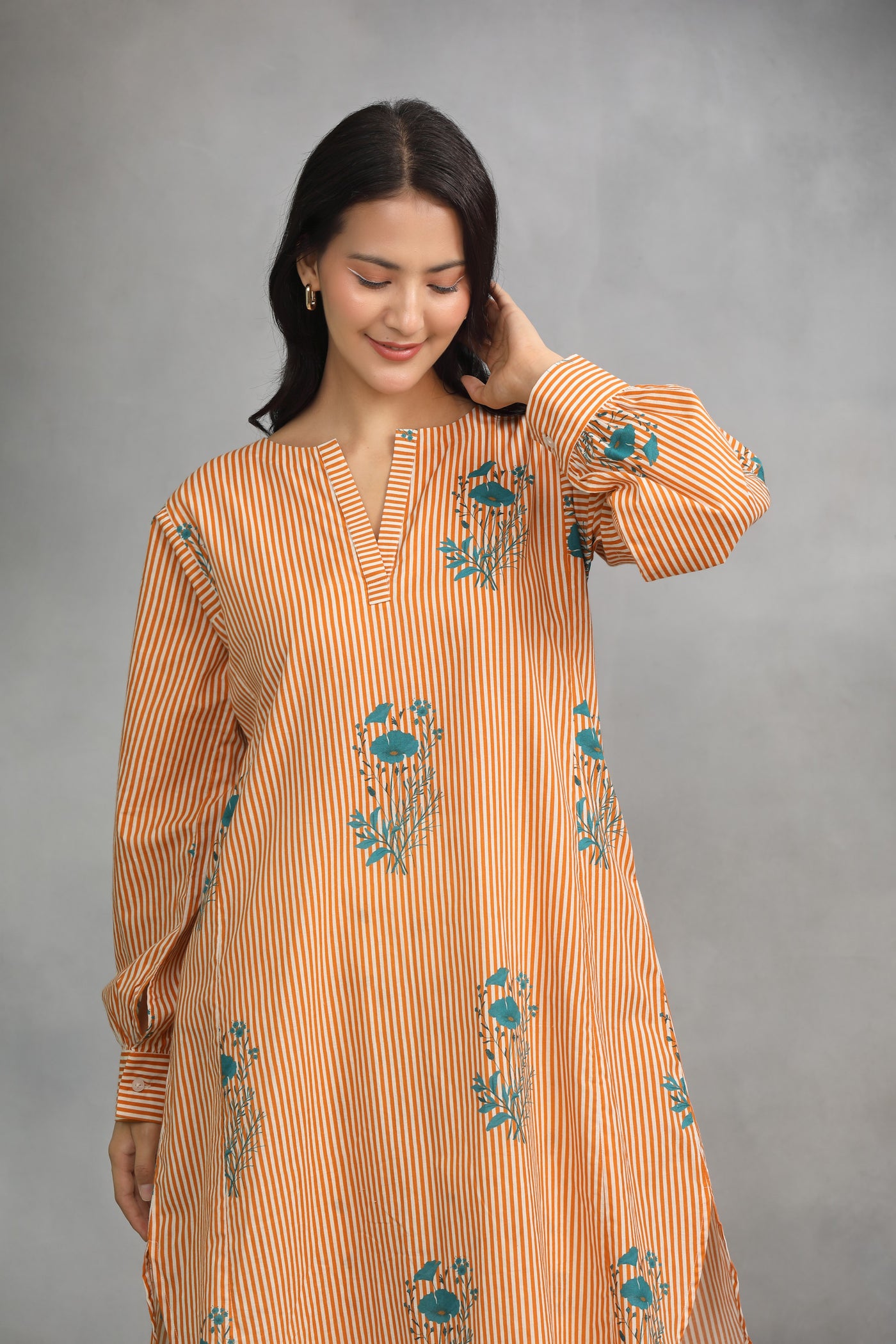 Orange Printed Cotton Kurta with Palazzo - Set of 2