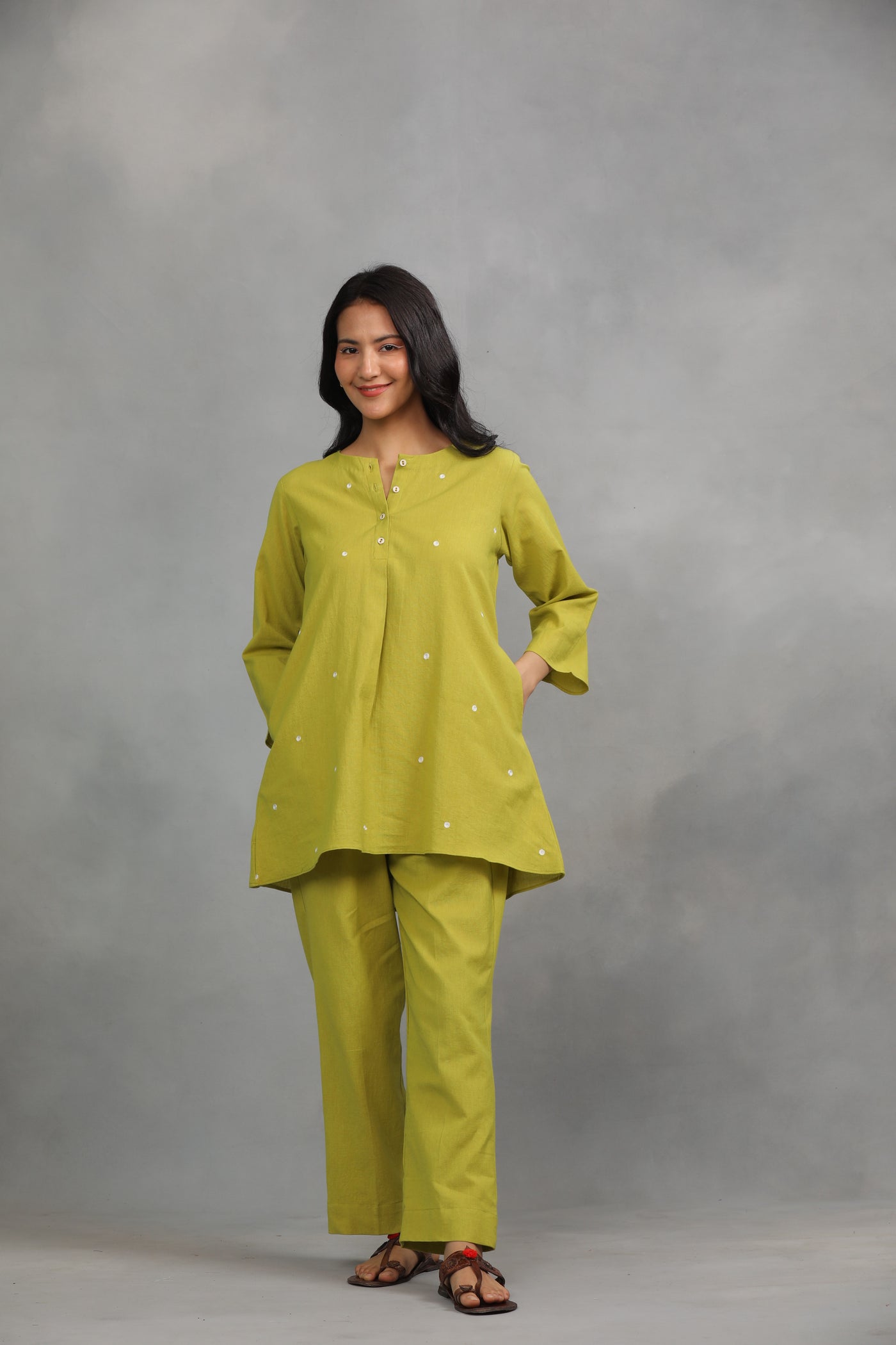 Lime Green Embroidered Cotton Linen Co-ord Set - Set of 2