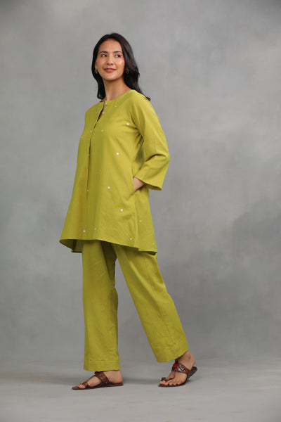 Lime Green Embroidered Cotton Linen Co-ord Set - Set of 2