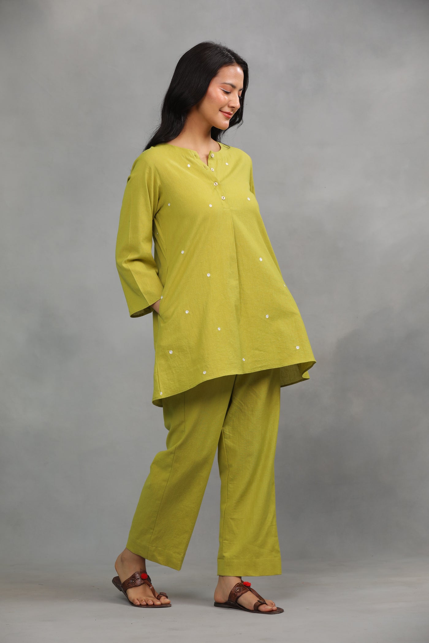 Lime Green Embroidered Cotton Linen Co-ord Set - Set of 2