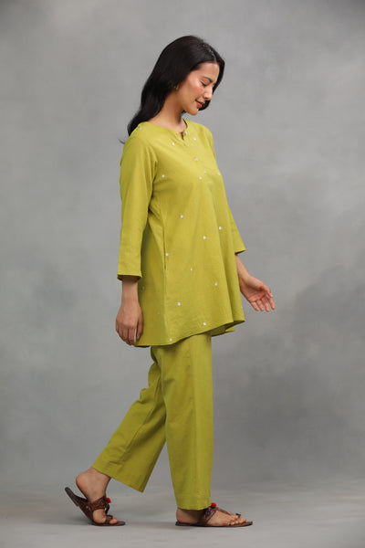 Lime Green Embroidered Cotton Linen Co-ord Set - Set of 2