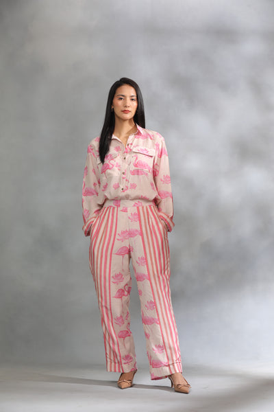 Coral Flamingo Cotton Silk Coord Set