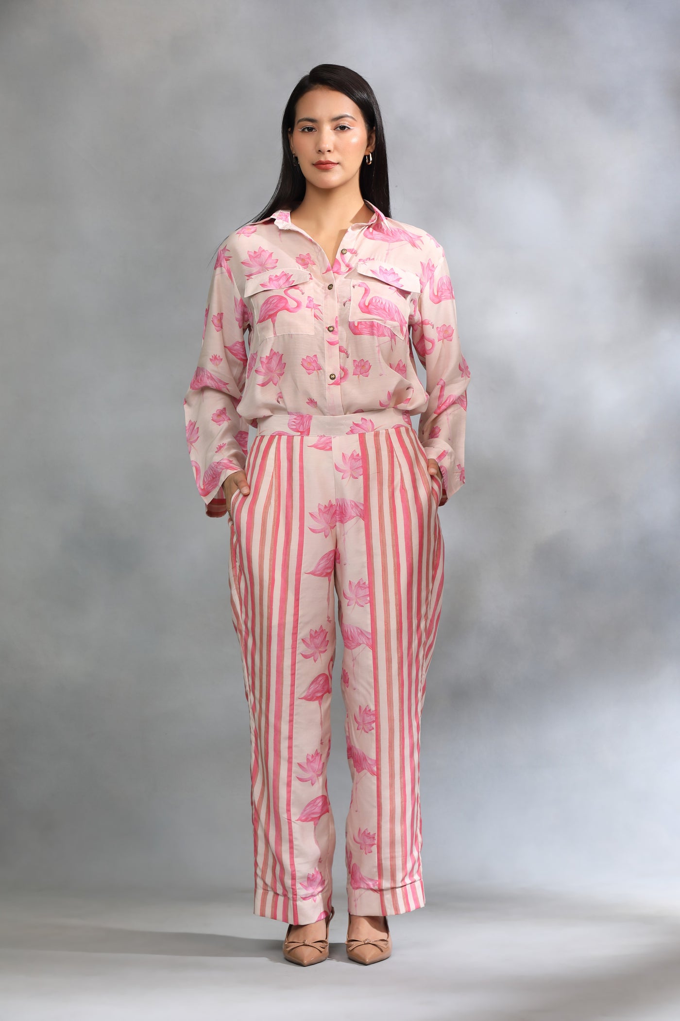 Coral Flamingo Cotton Silk Coord Set