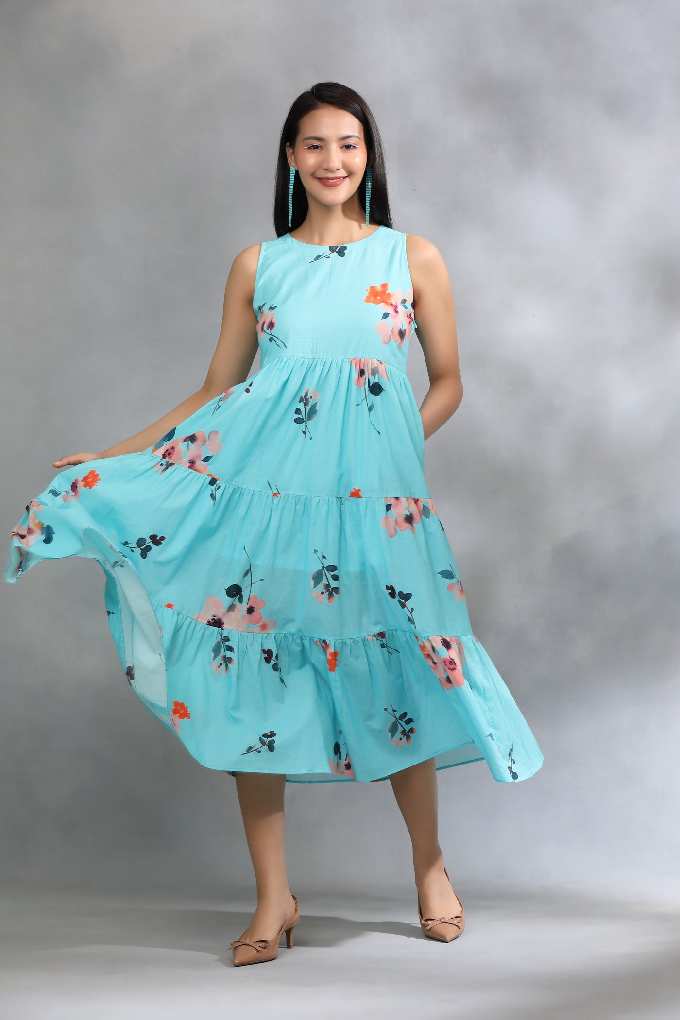 Turquoise Printed Cotton Dress