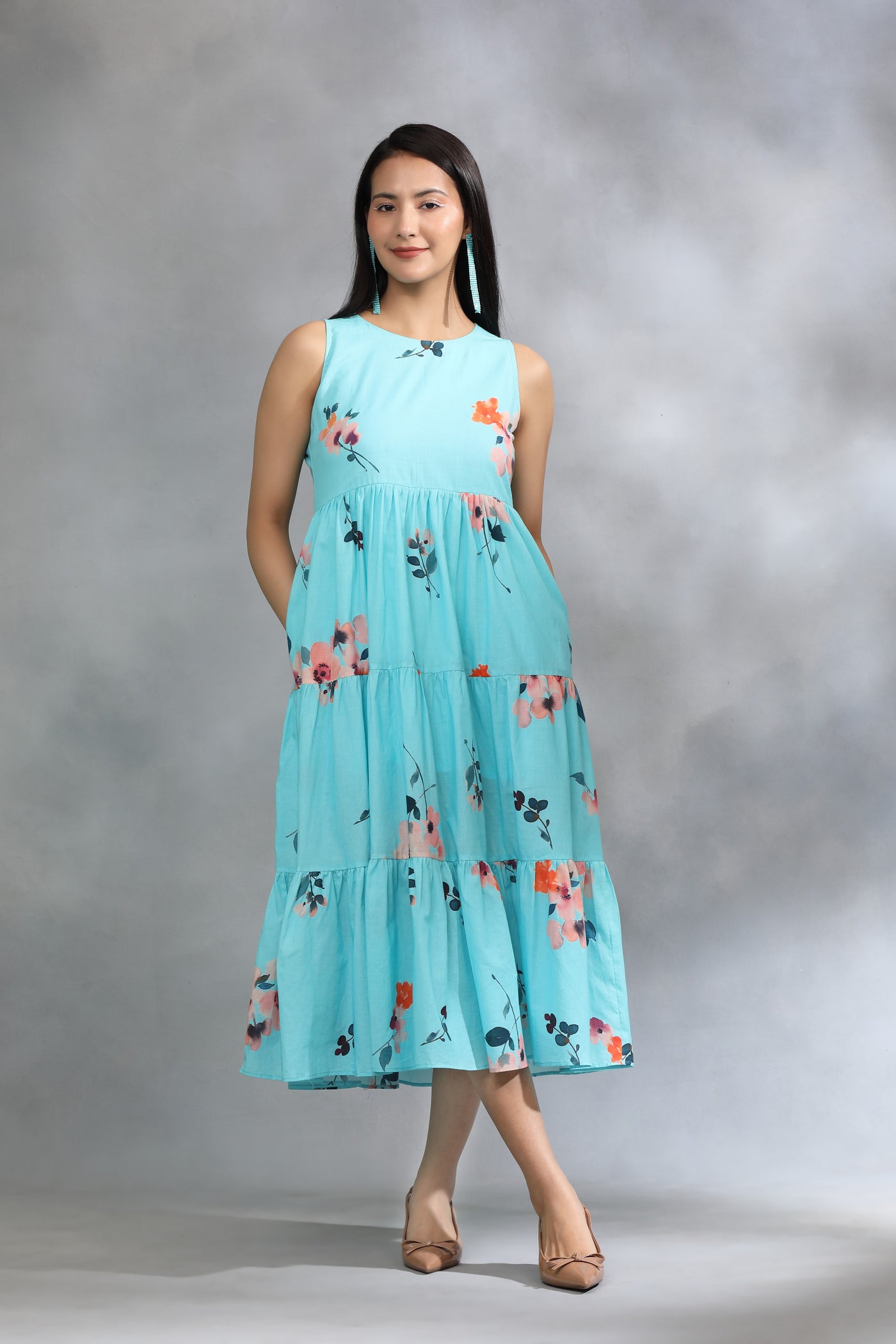 Turquoise Printed Cotton Dress