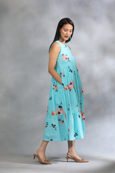 Turquoise Printed Cotton Dress