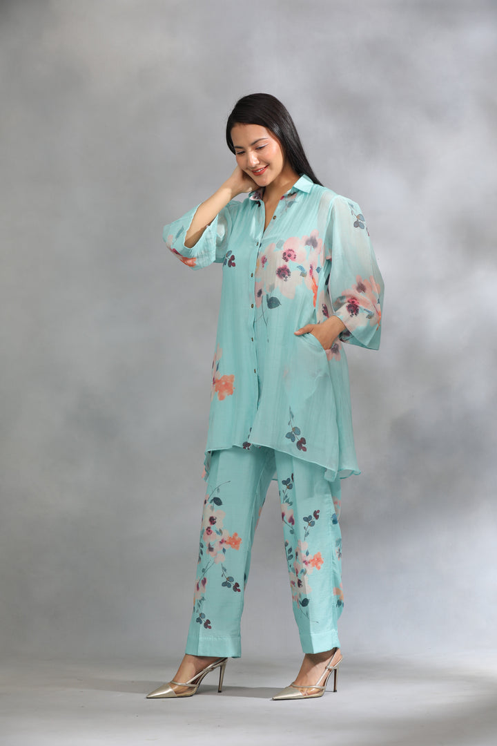 Blue Hand Printed Chanderi Coord Set