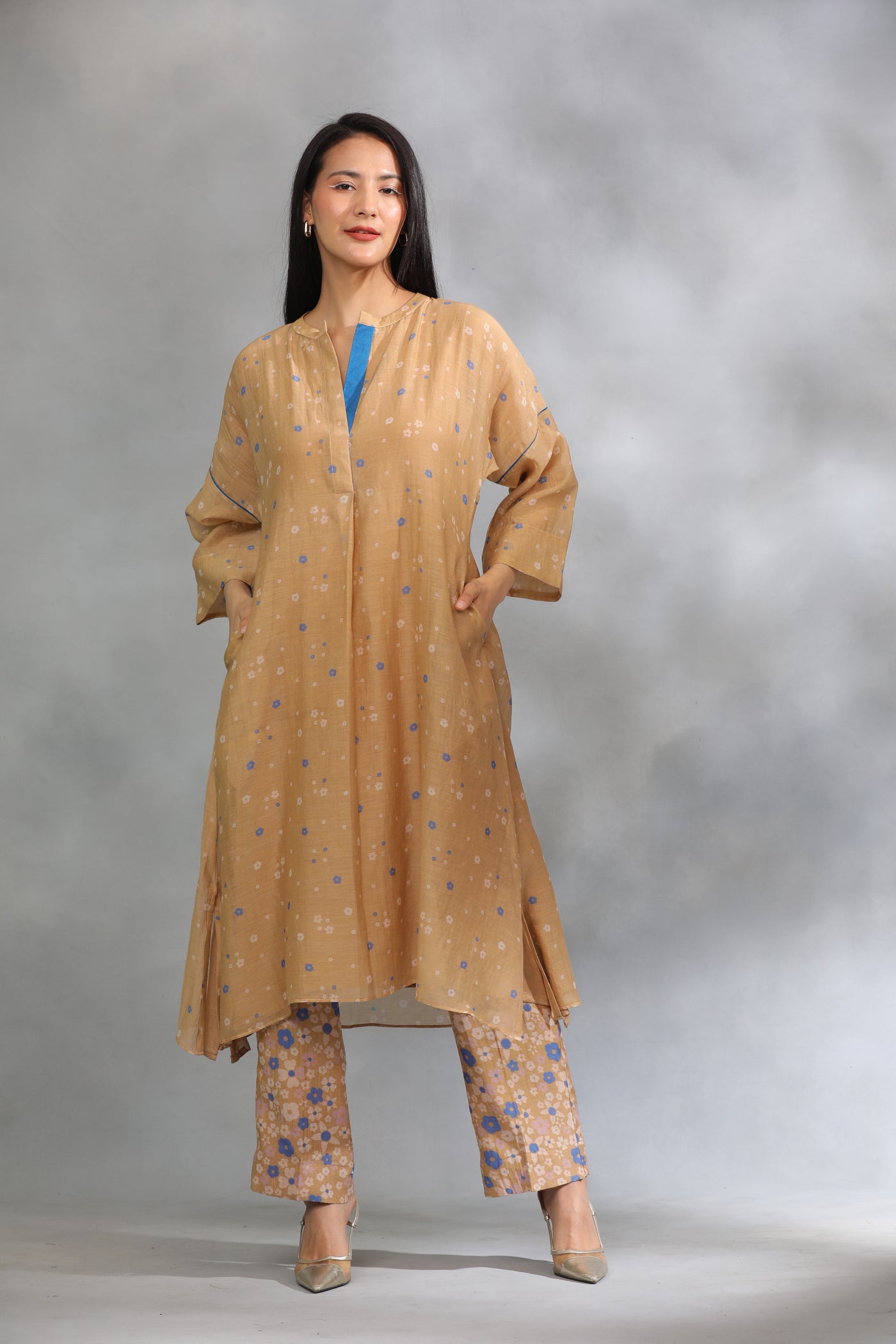 Beige Flower Printed Chanderi Coord Set