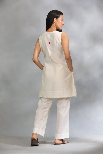 Off White Chanderi Silk Kurta with Pants - Set of 2