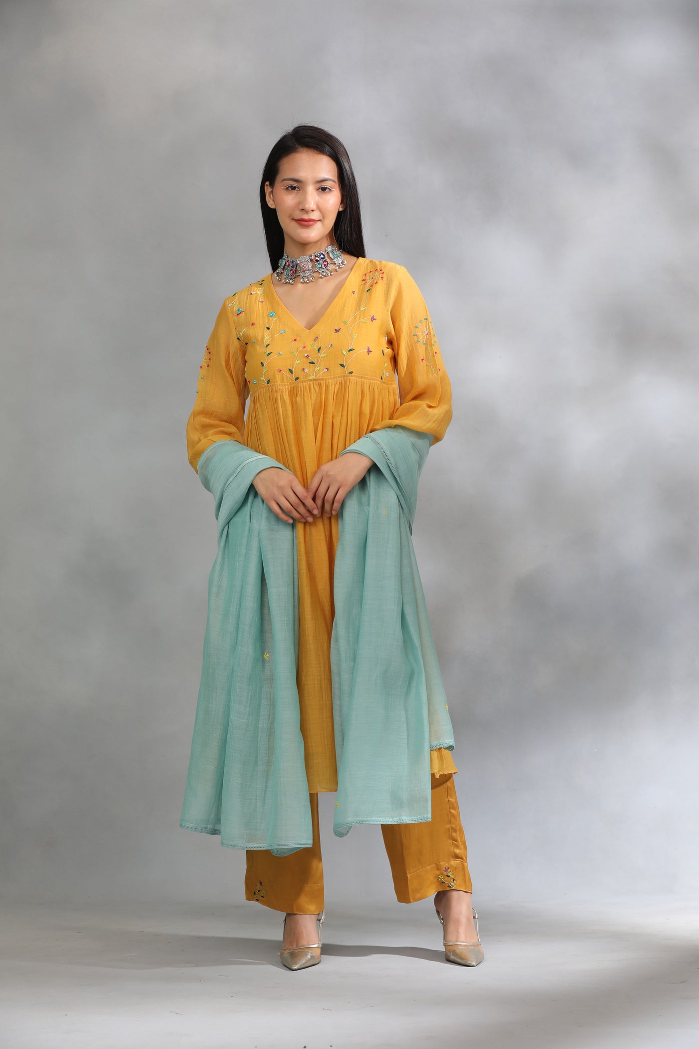 Yellow Hand Embroidered Chanderi Suit Set - Set of 3