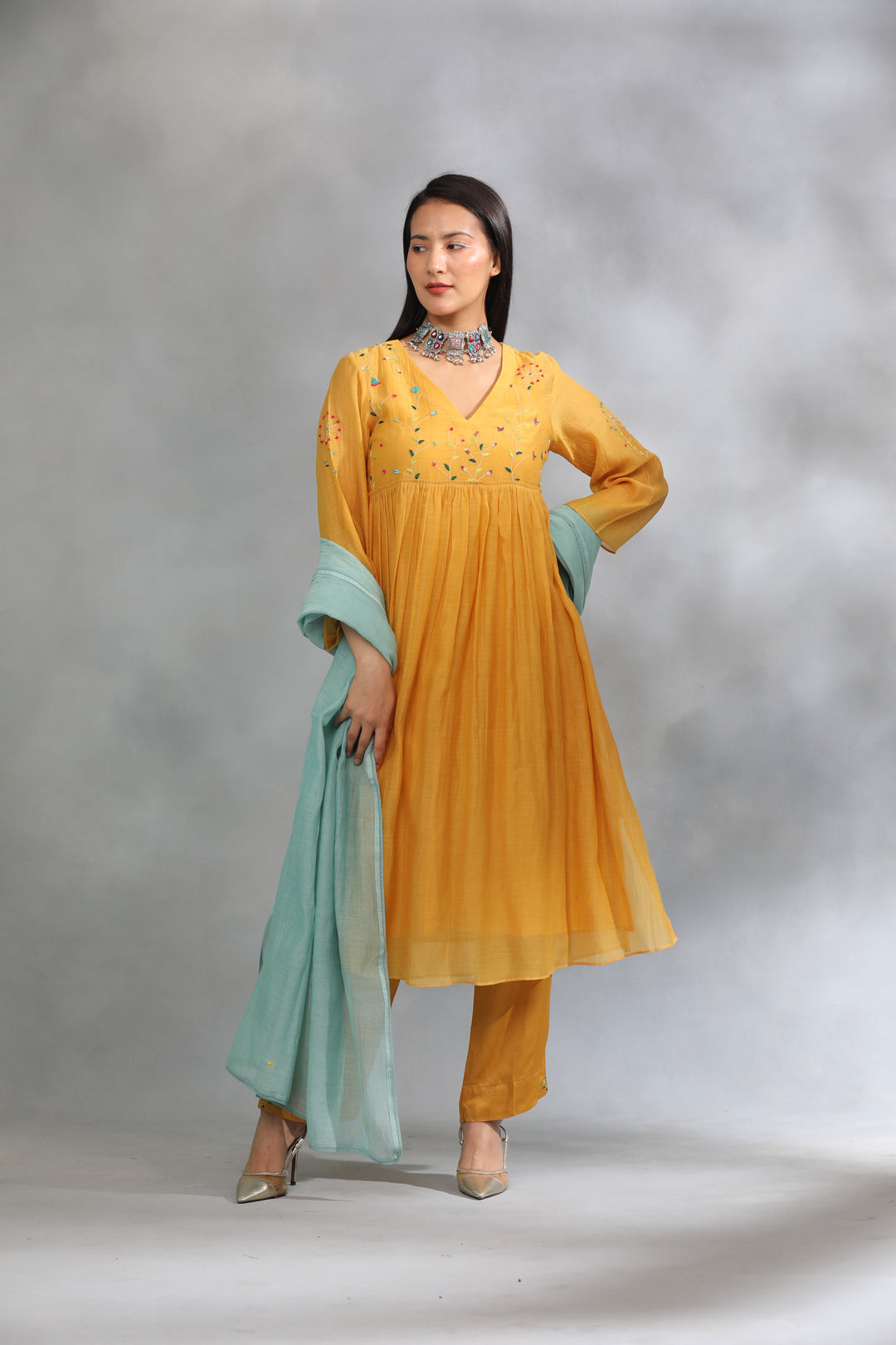 Yellow Hand Embroidered Chanderi Suit Set - Set of 3