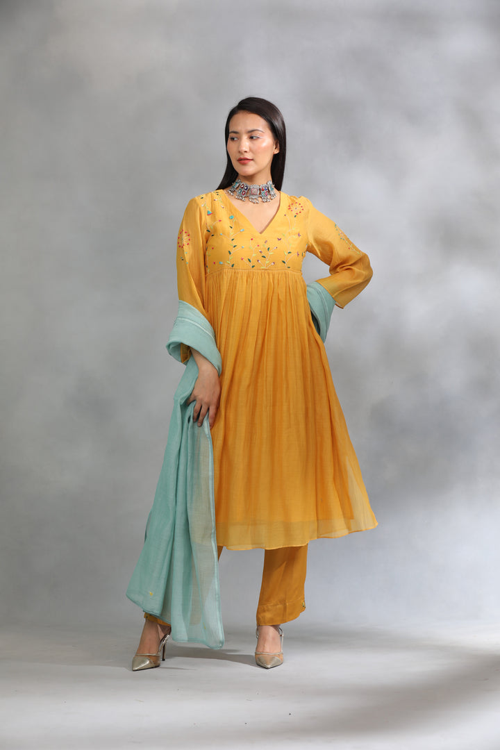 Yellow Hand Embroidered Chanderi Suit Set - Set of 3