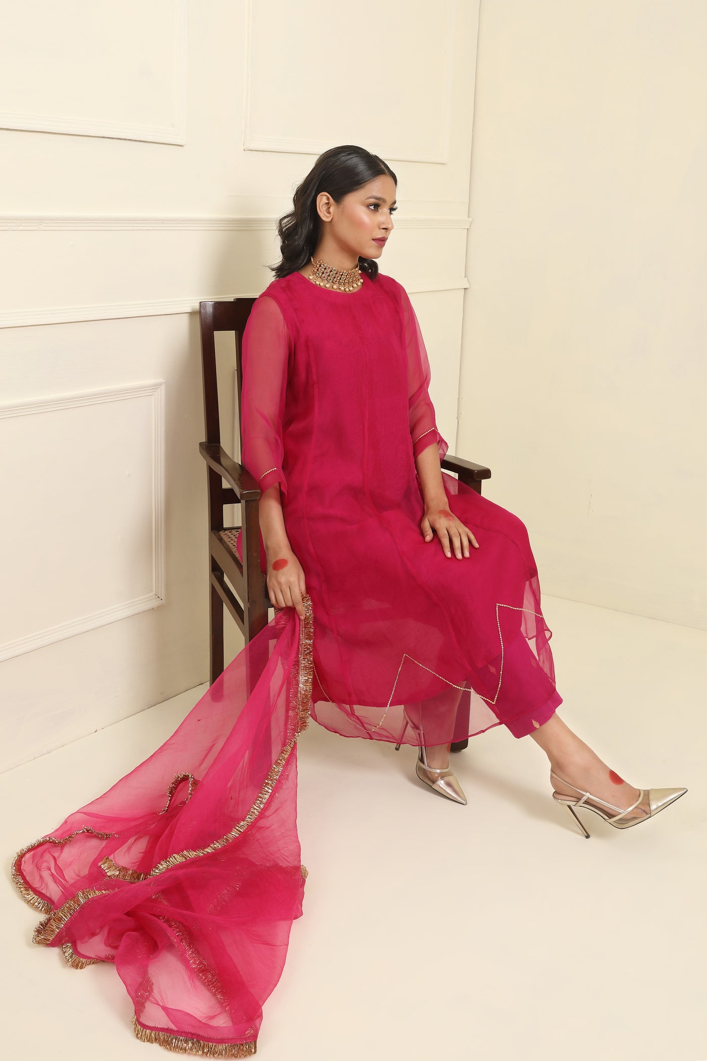 Magenta Hand Embroidered Organza Suit Set