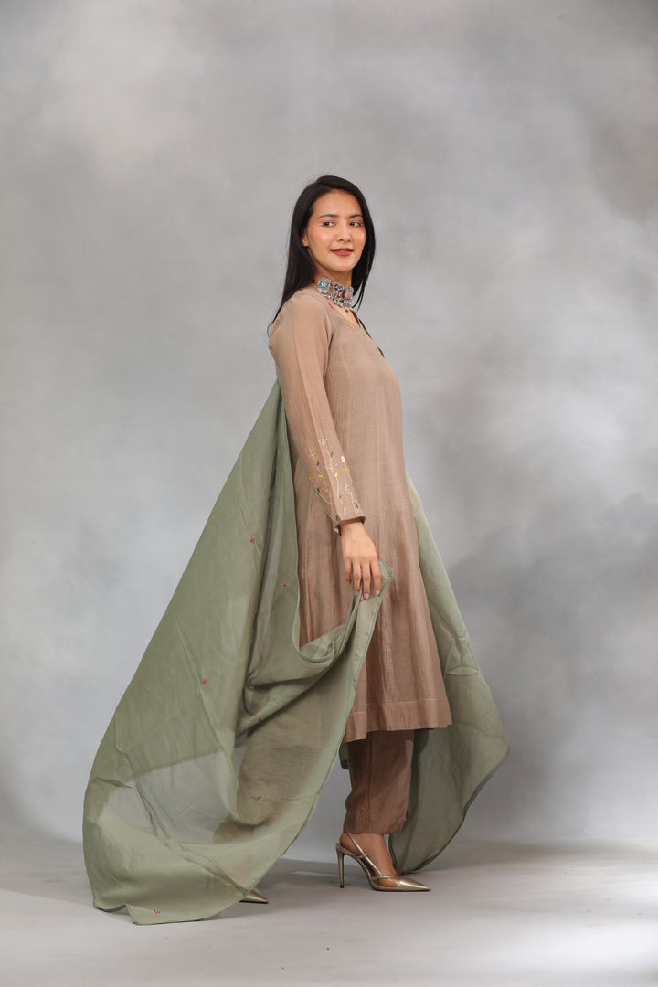 Deep Sage Hand Embroidered Chanderi Suit Set - Set of 3
