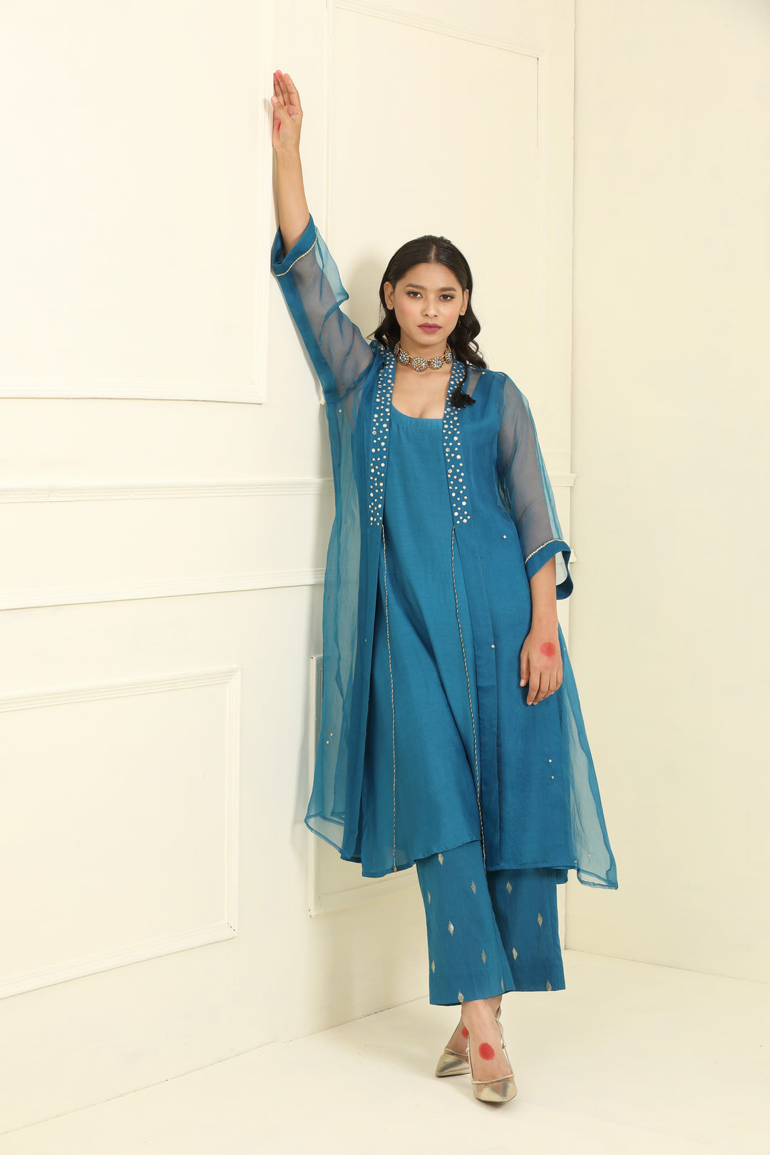 Teal Blue Embroidered Organza Suit Set - Set of 2