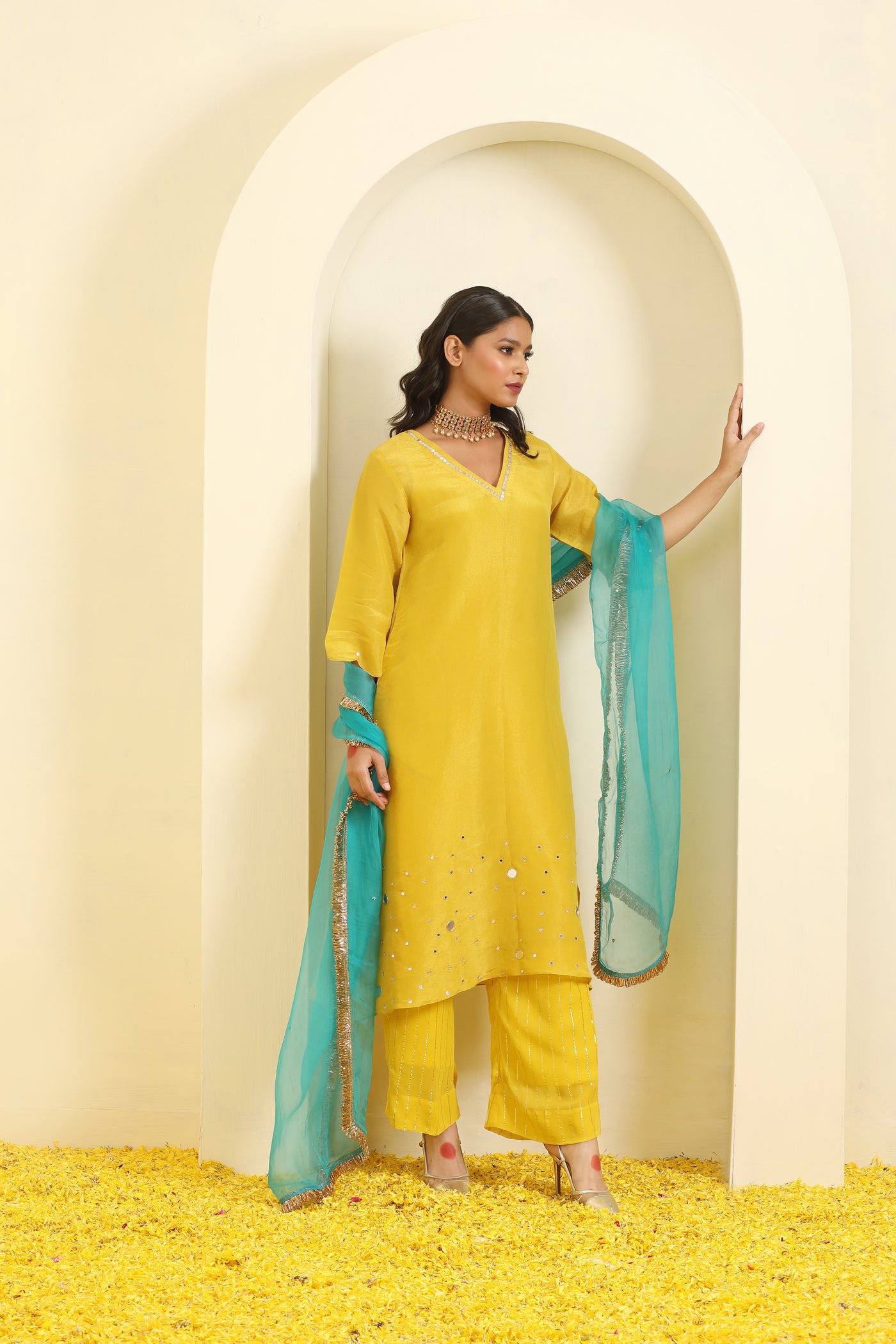 Yellow Silk Tissue Hand Embroidered Chanderi Suit Set - Set of 3