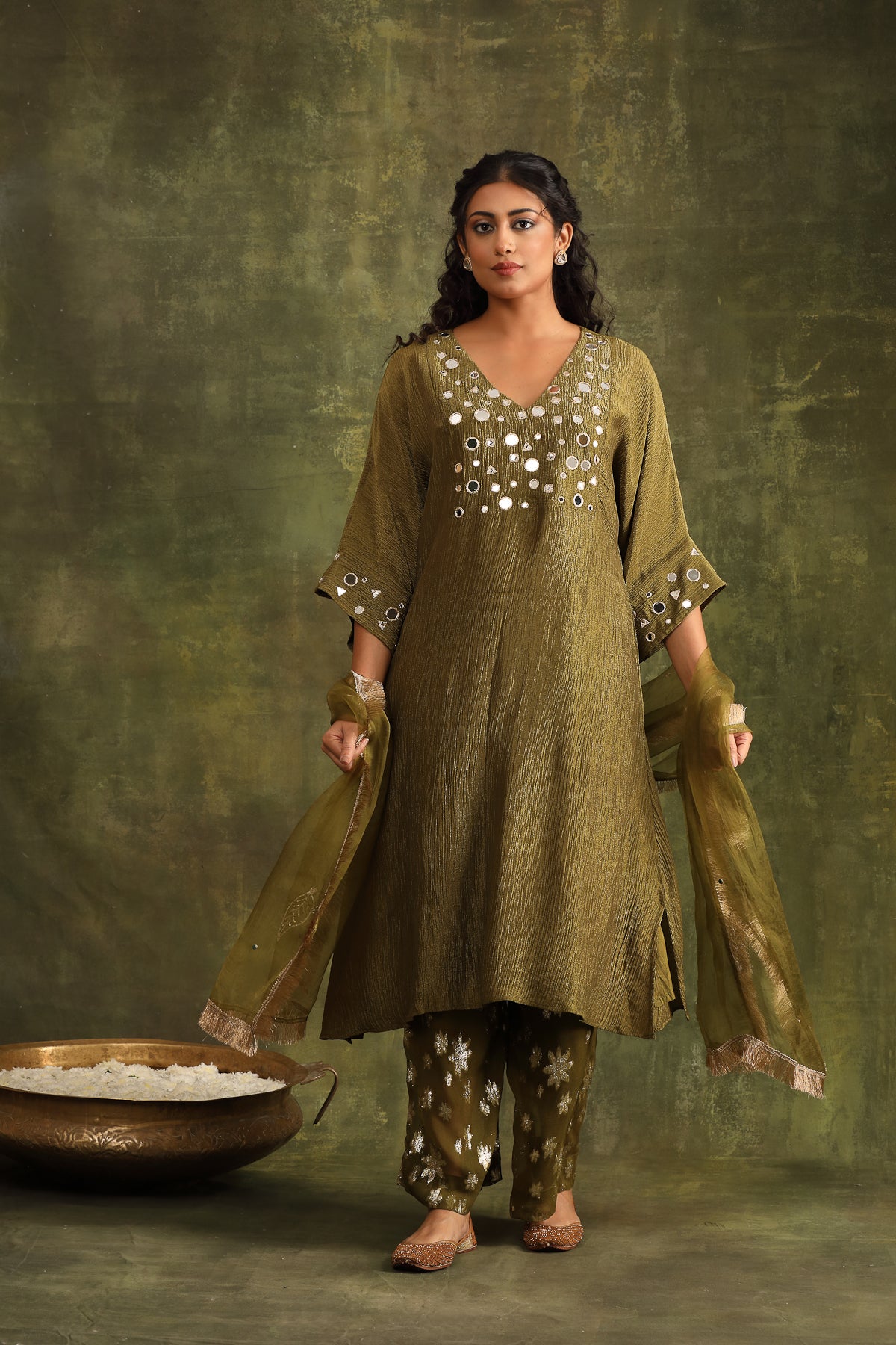 Mehndi Green Crushed Tissue Mirror work Suit Set