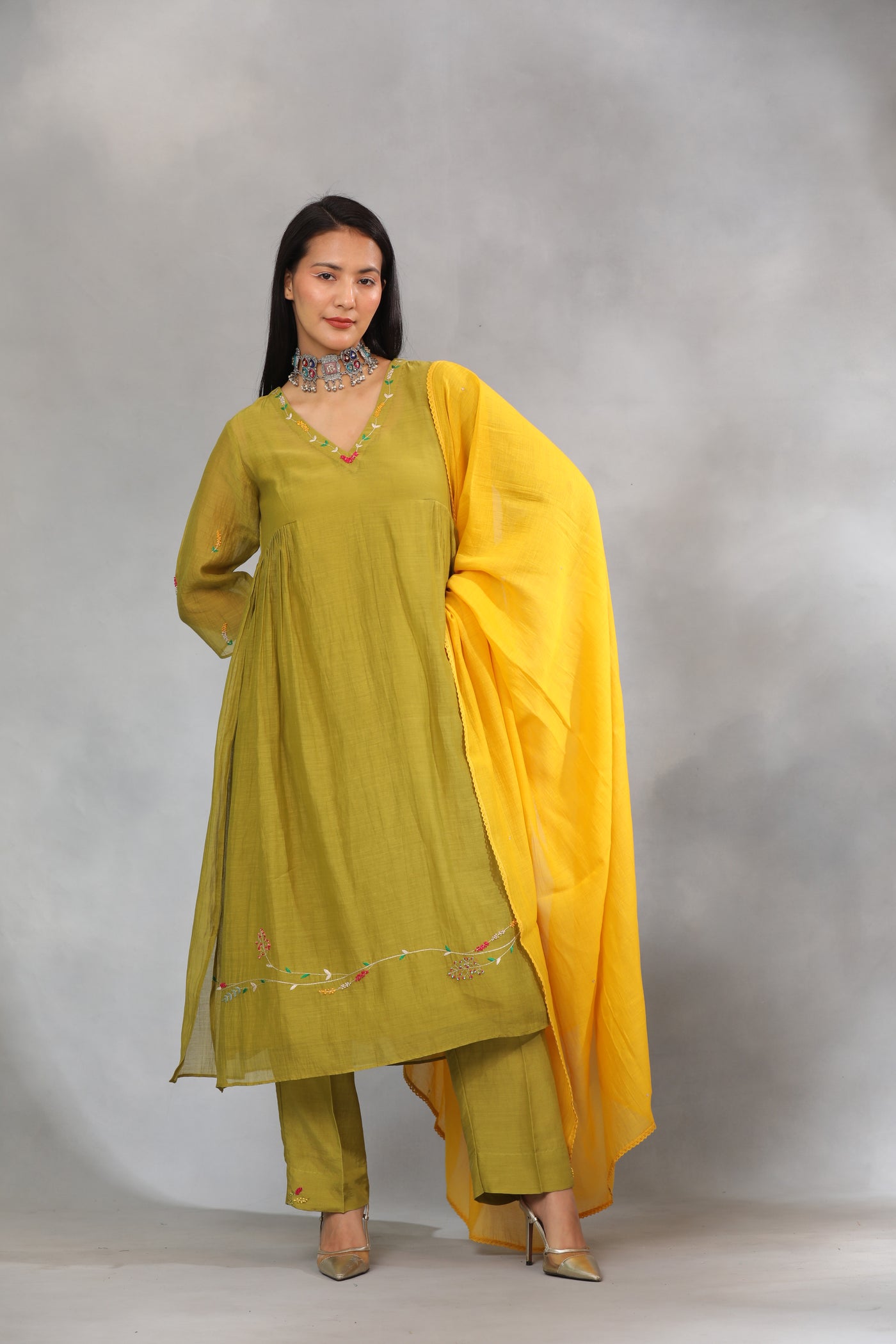 Olive Green Hand Embroidered Chanderi Suit Set - Set of 3