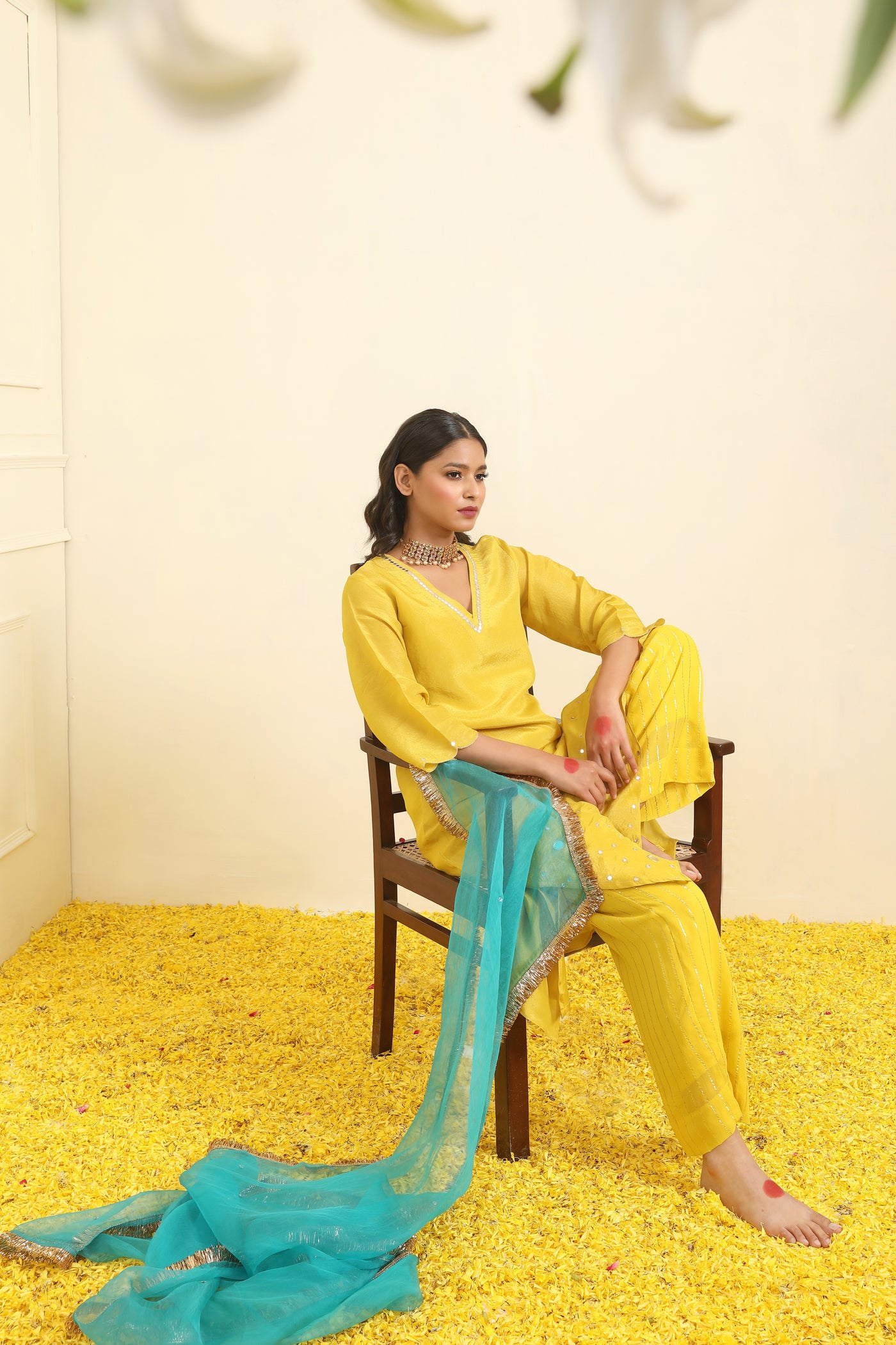 Yellow Silk Tissue Hand Embroidered Chanderi Suit Set - Set of 3