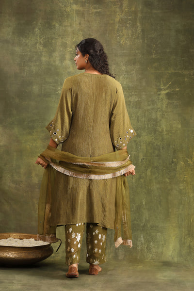 Mehndi Green Crushed Tissue Mirror work Suit Set