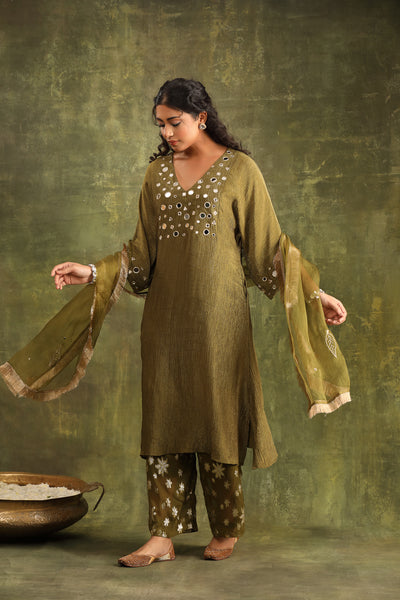 Mehndi Green Crushed Tissue Mirror work Suit Set